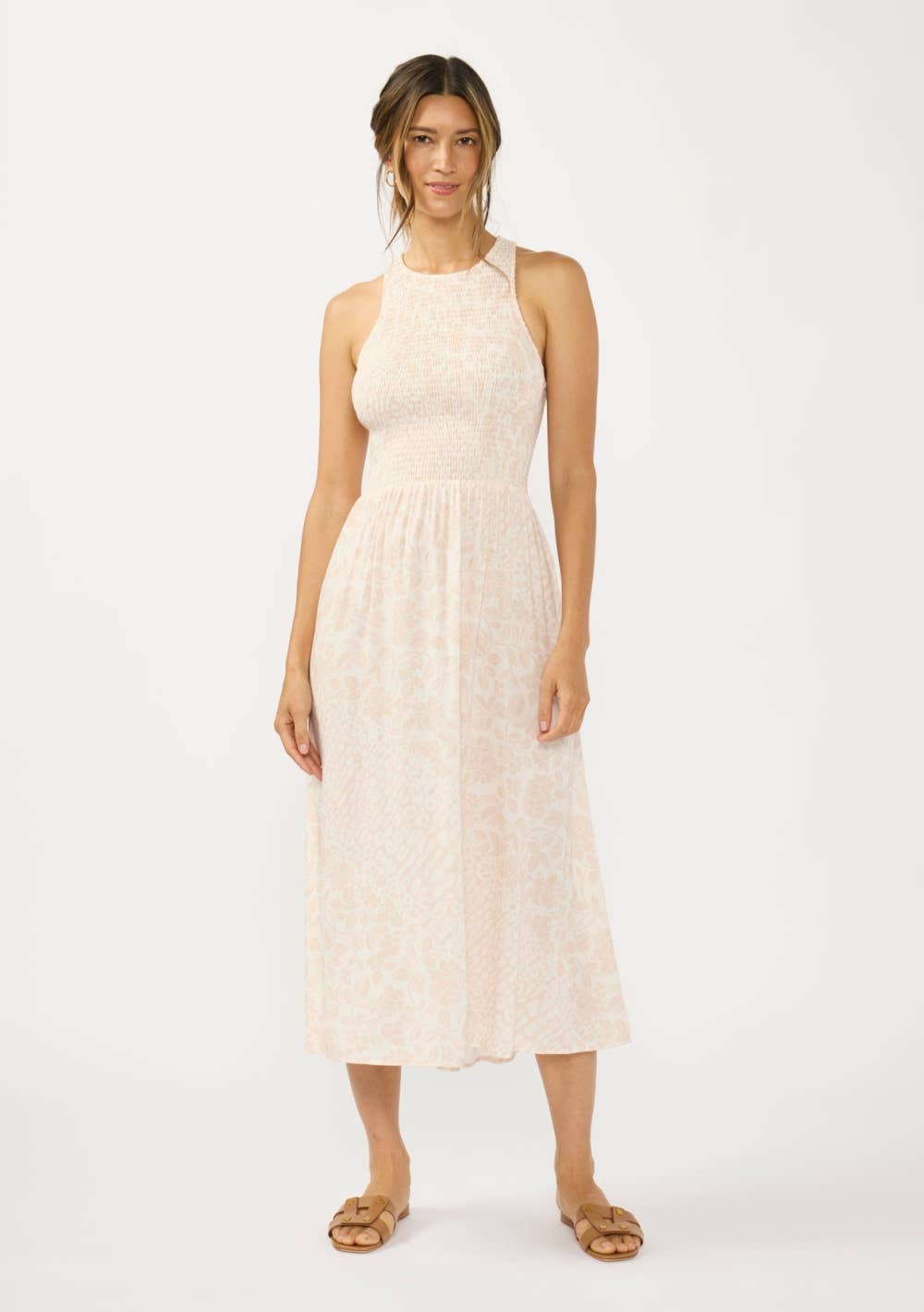 Smocked Bodice Tie Back Midi Dress