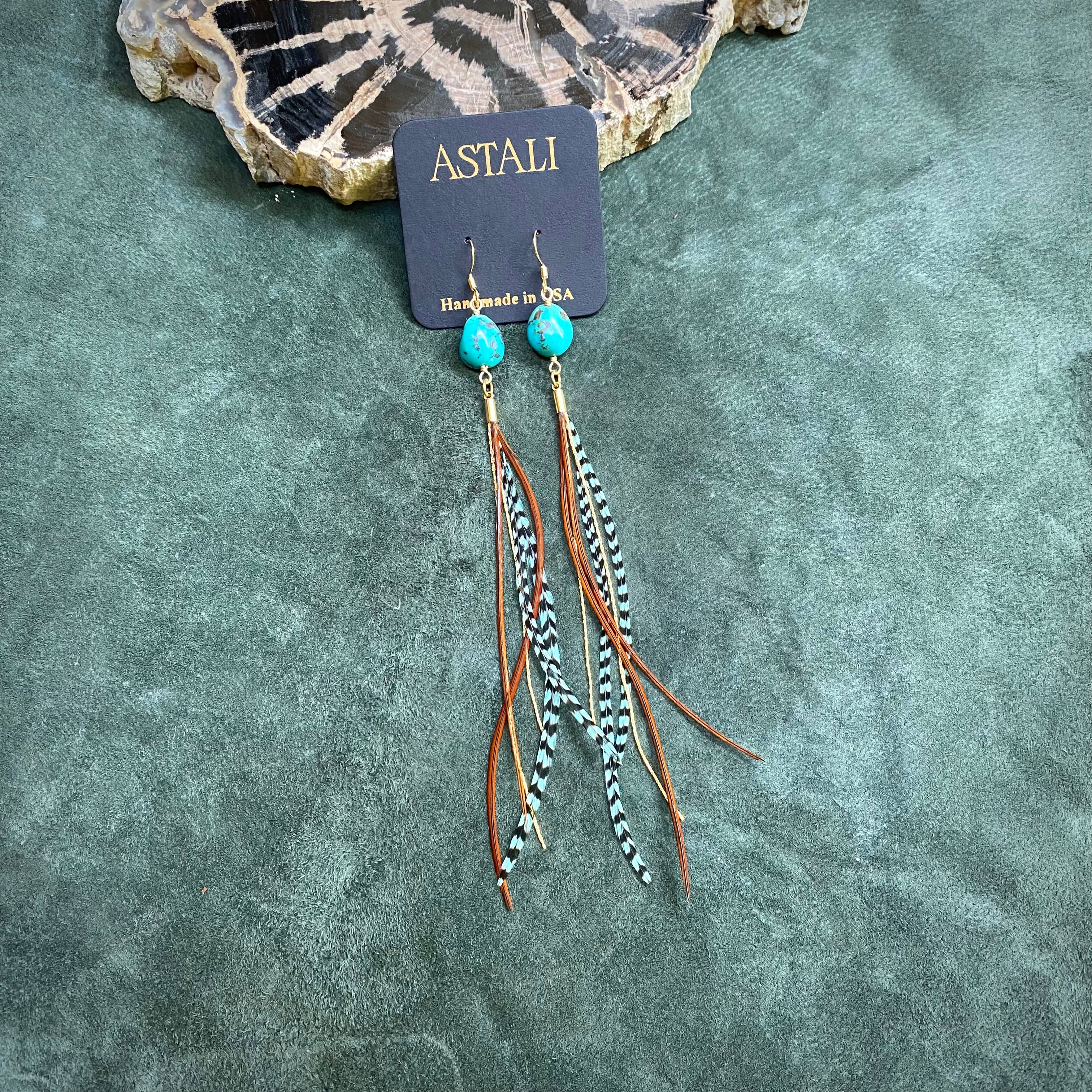 Turquoise & Mini Feather Earrings – Teal Grizzly & Fawn/Gold by ASTALI, featuring brown leather strands and black-and-white feather-pattern accents, are displayed on an ASTALI Handmade in USA card against a textured green background.
