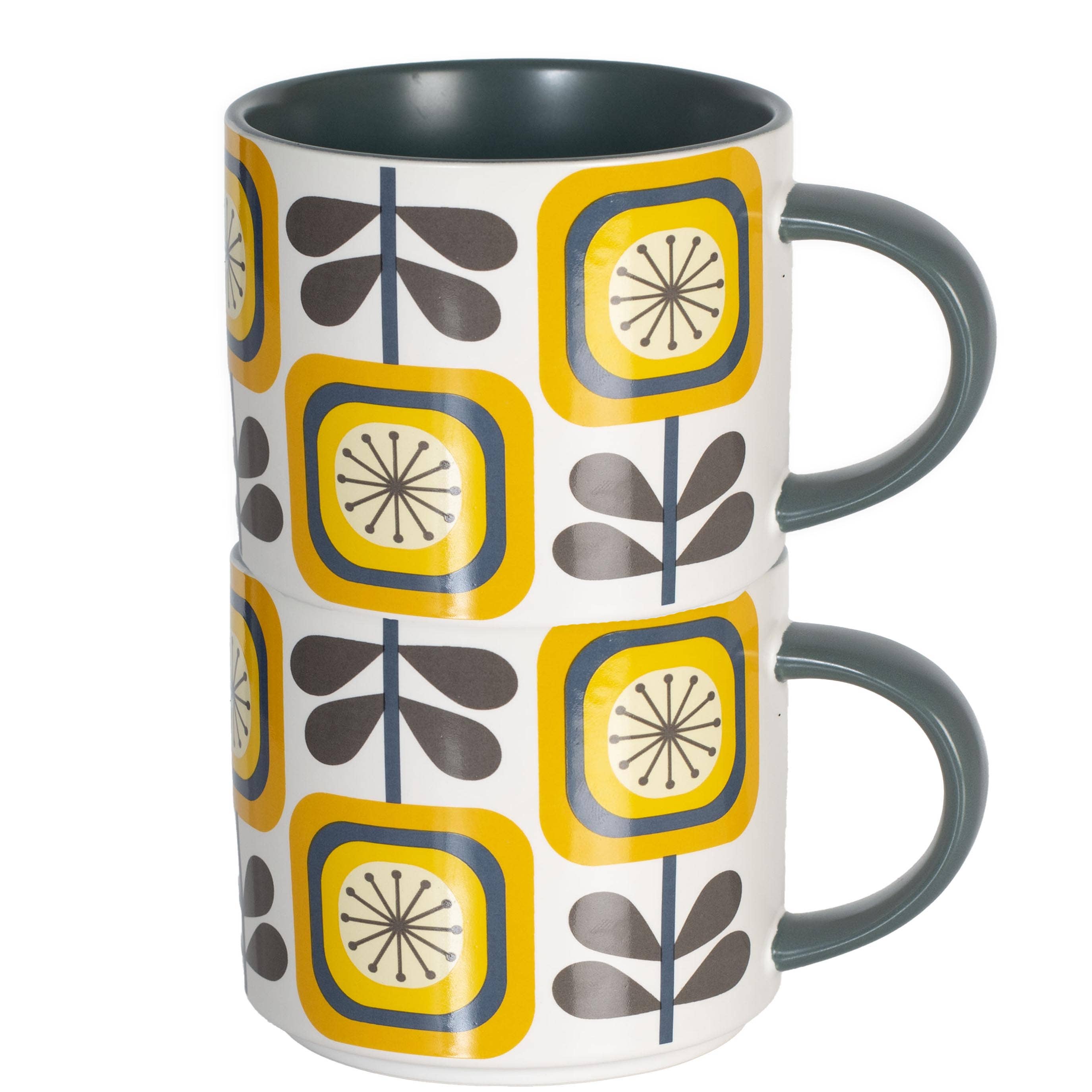 Sunflower Fall Mid Century Modern Stackable Matte Coffee Mug with bold yellow and gray floral design and dark gray handles.