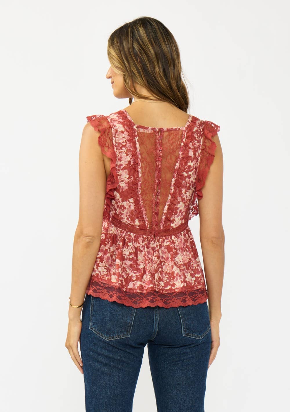 V-Neck Button Back Lace Top