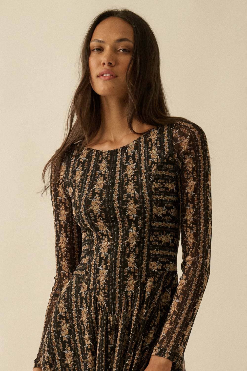 Floral Mesh Drop-Waist Long-Sleeve Midi Dress