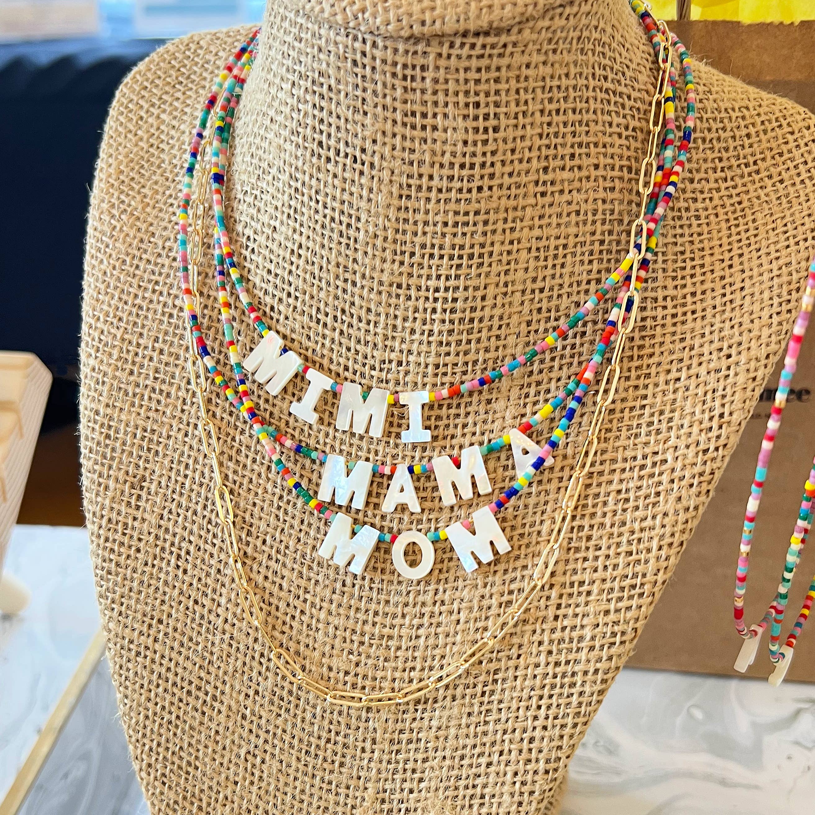 Mama & Mom Necklaces with Mother-of-Pearl Letters