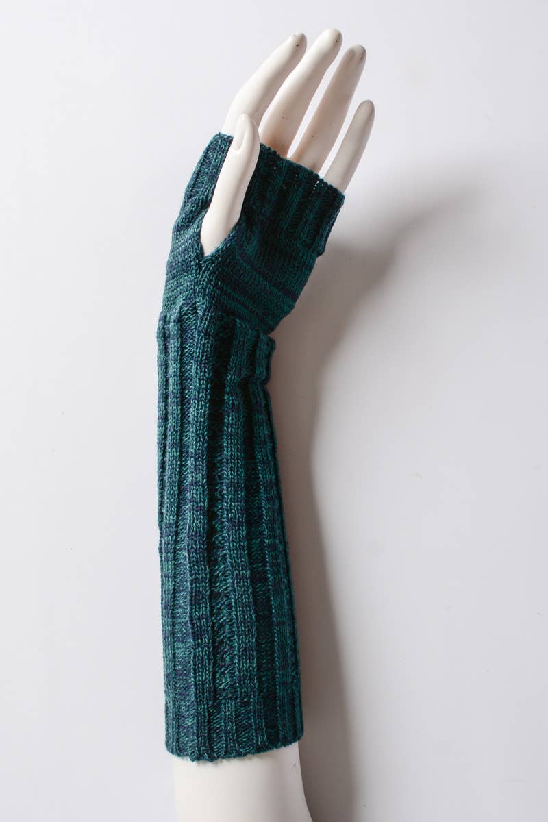 A mannequin hand displays Leto Accessories' Ribbed Arm Warmers in teal—a long, ribbed knit fingerless glove that covers the forearm—shown as a cozy accessory against a plain white background.