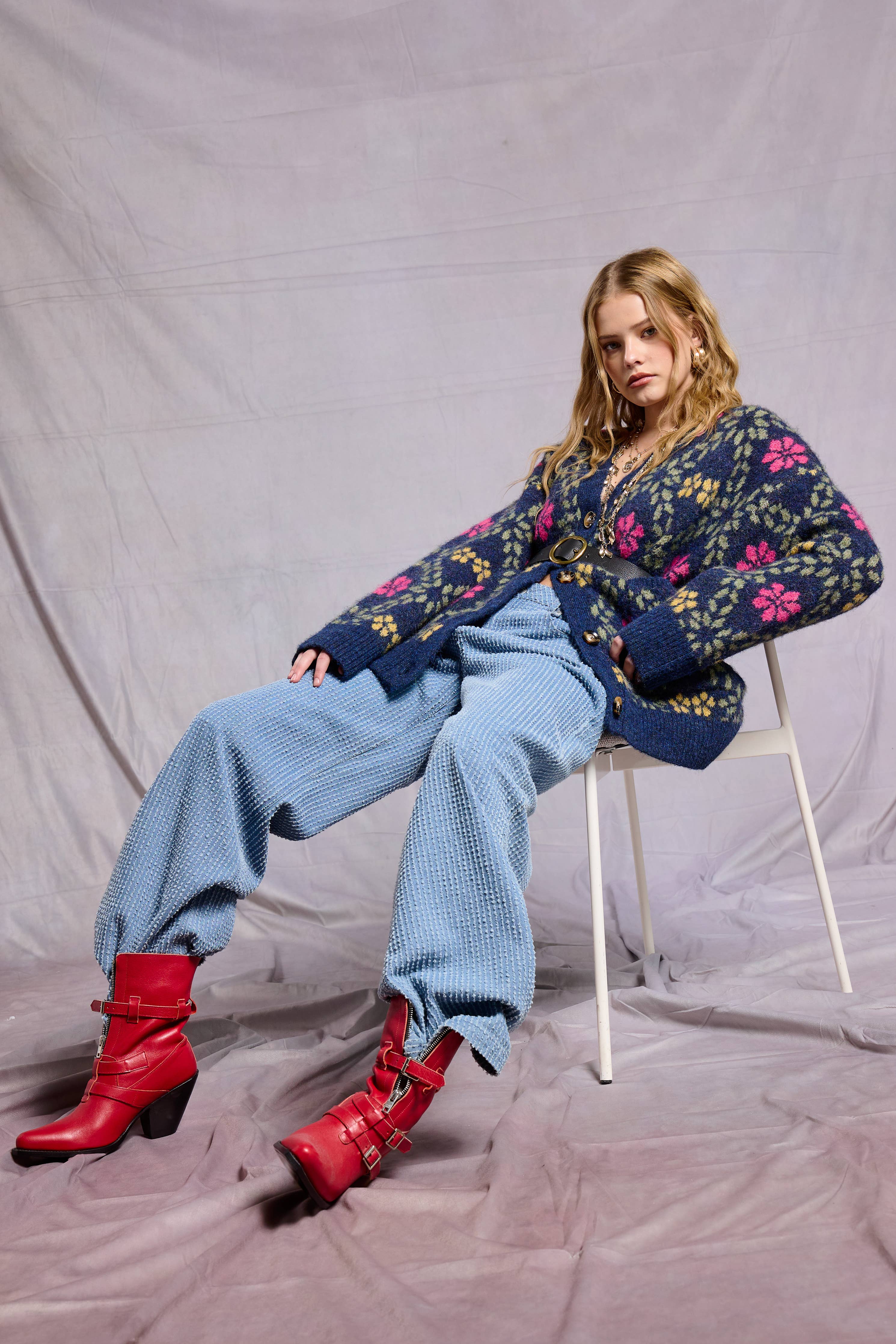 Retro Floral Print Fuzzy Knit Cardigan