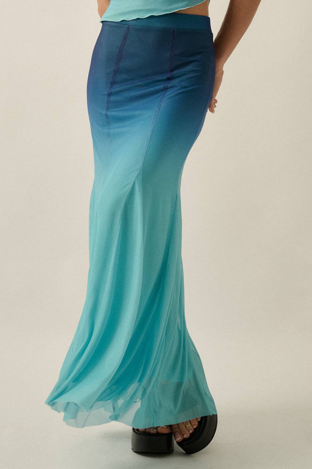 Ombre Mesh Fit-and-Flare Godet Maxi Skirt in flowing blue tones with a gradient effect and flared hem.