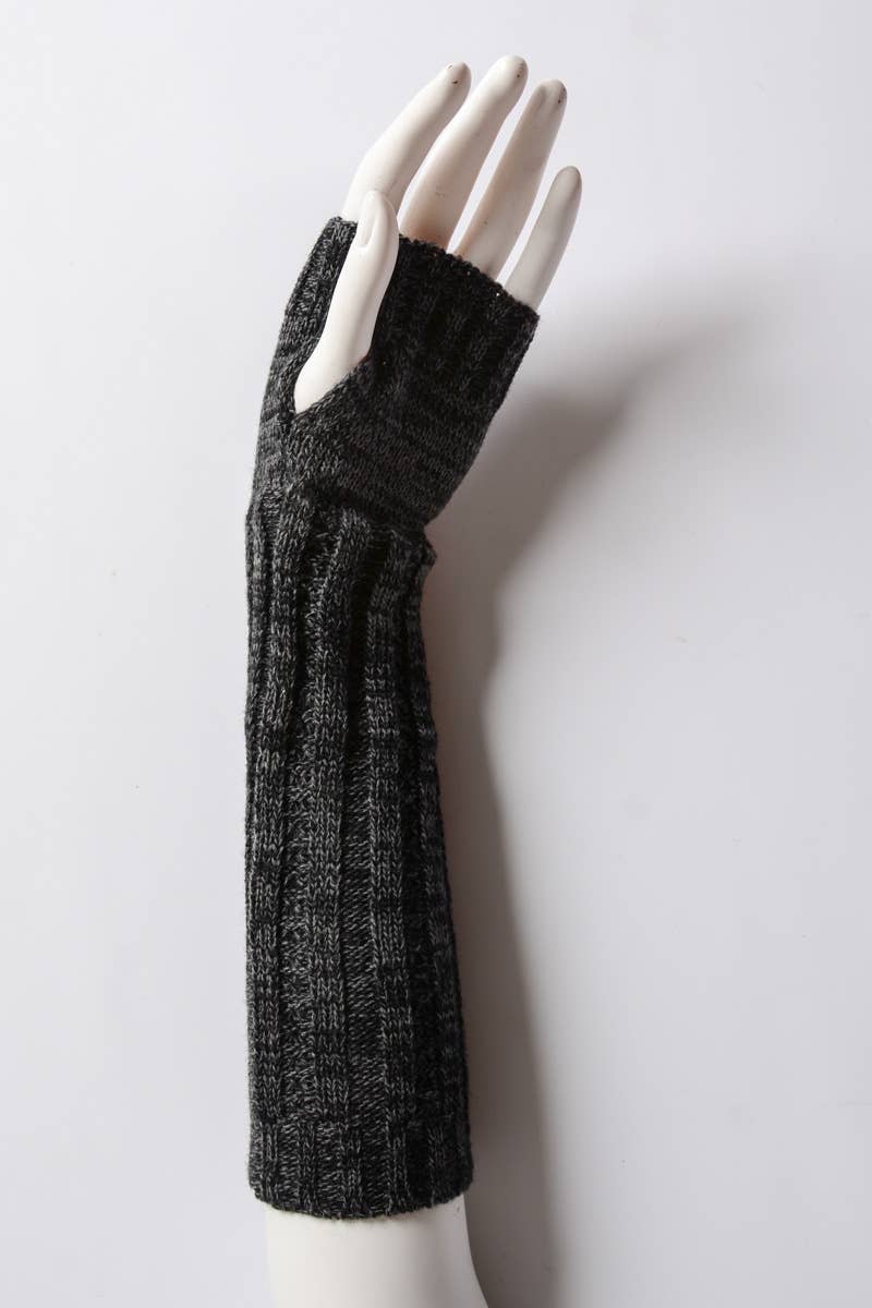 A mannequin hand showcases Leto Accessories' Ribbed Arm Warmers—long, dark gray fingerless gloves that extend from wrist to lower arm, exposing fingers and thumb against a plain white background.