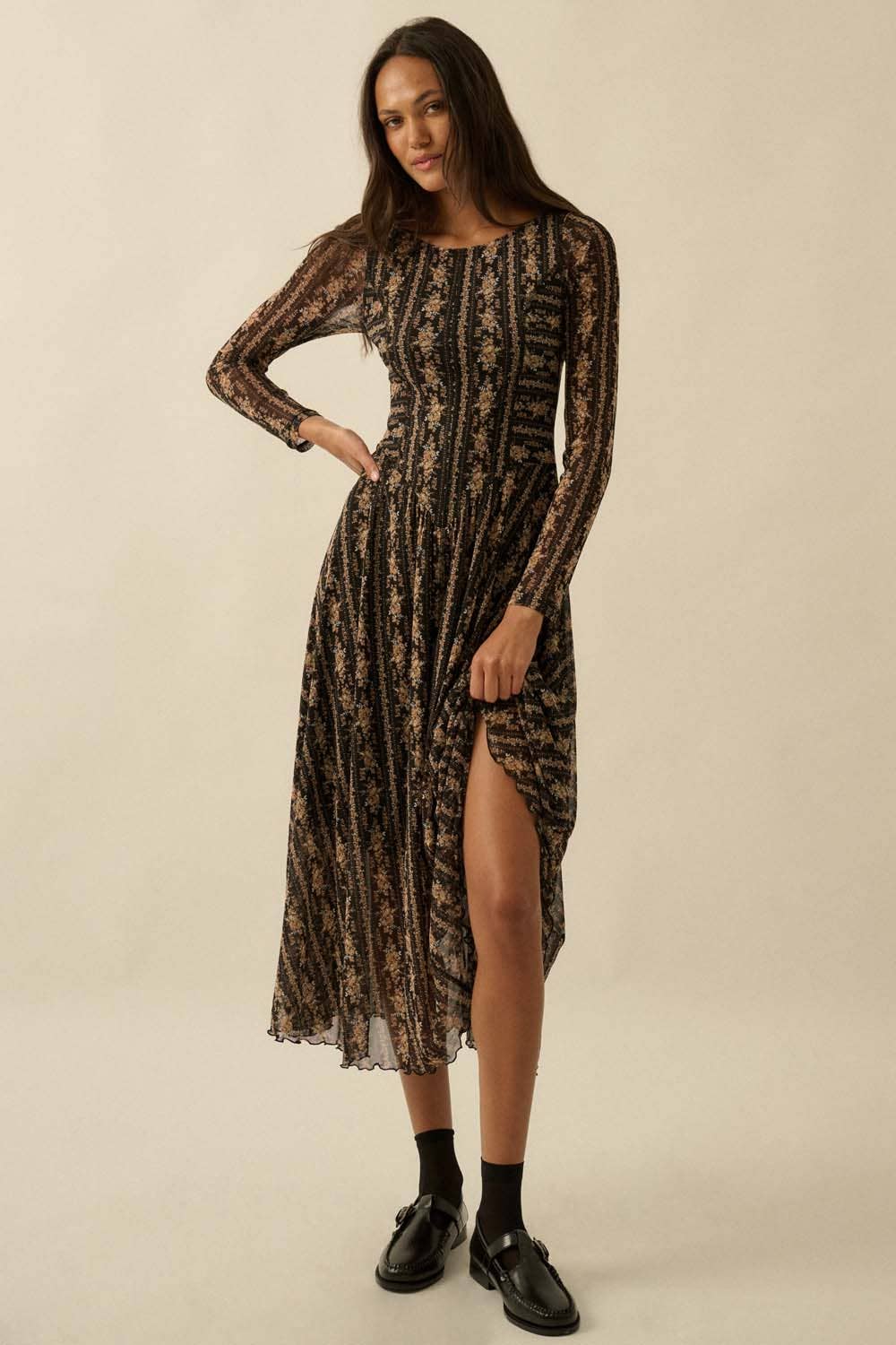 Floral Mesh Drop-Waist Long-Sleeve Midi Dress