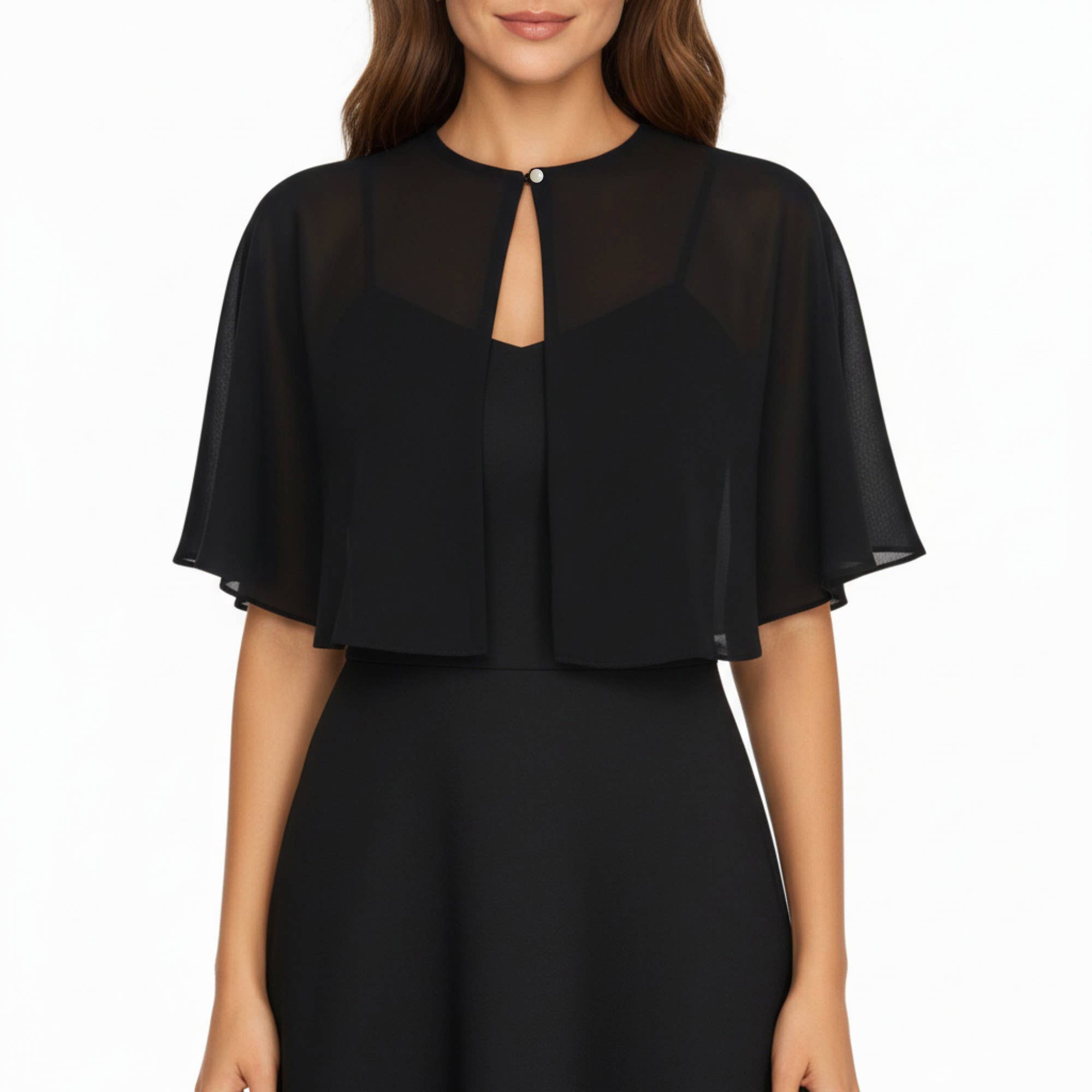 Sheer Flutter Sleeve Capelet Topper with Flowing Layered Sil