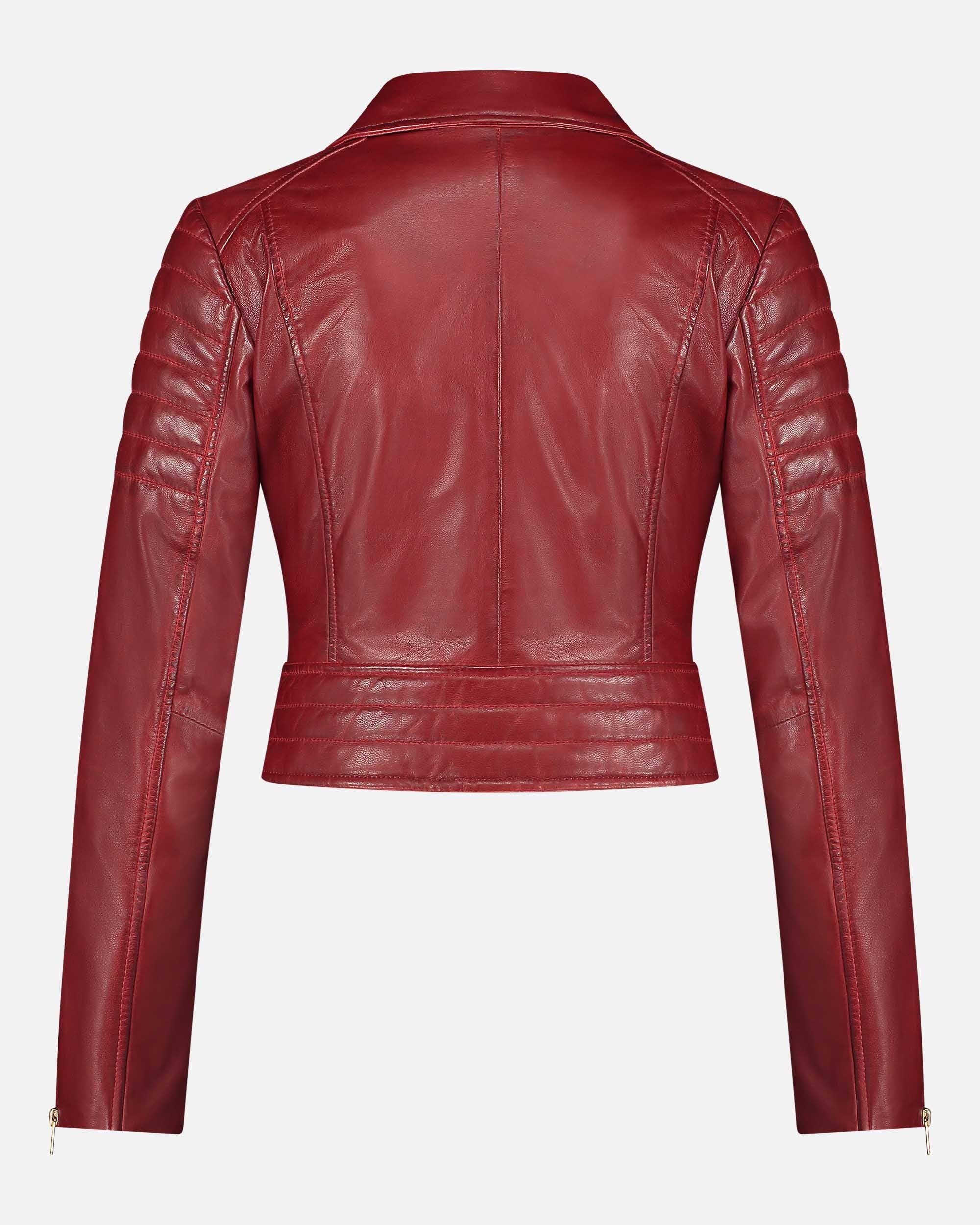 Eureka | Leather Biker Jacket in rich red with detailed stitching and a sleek, tailored back design.