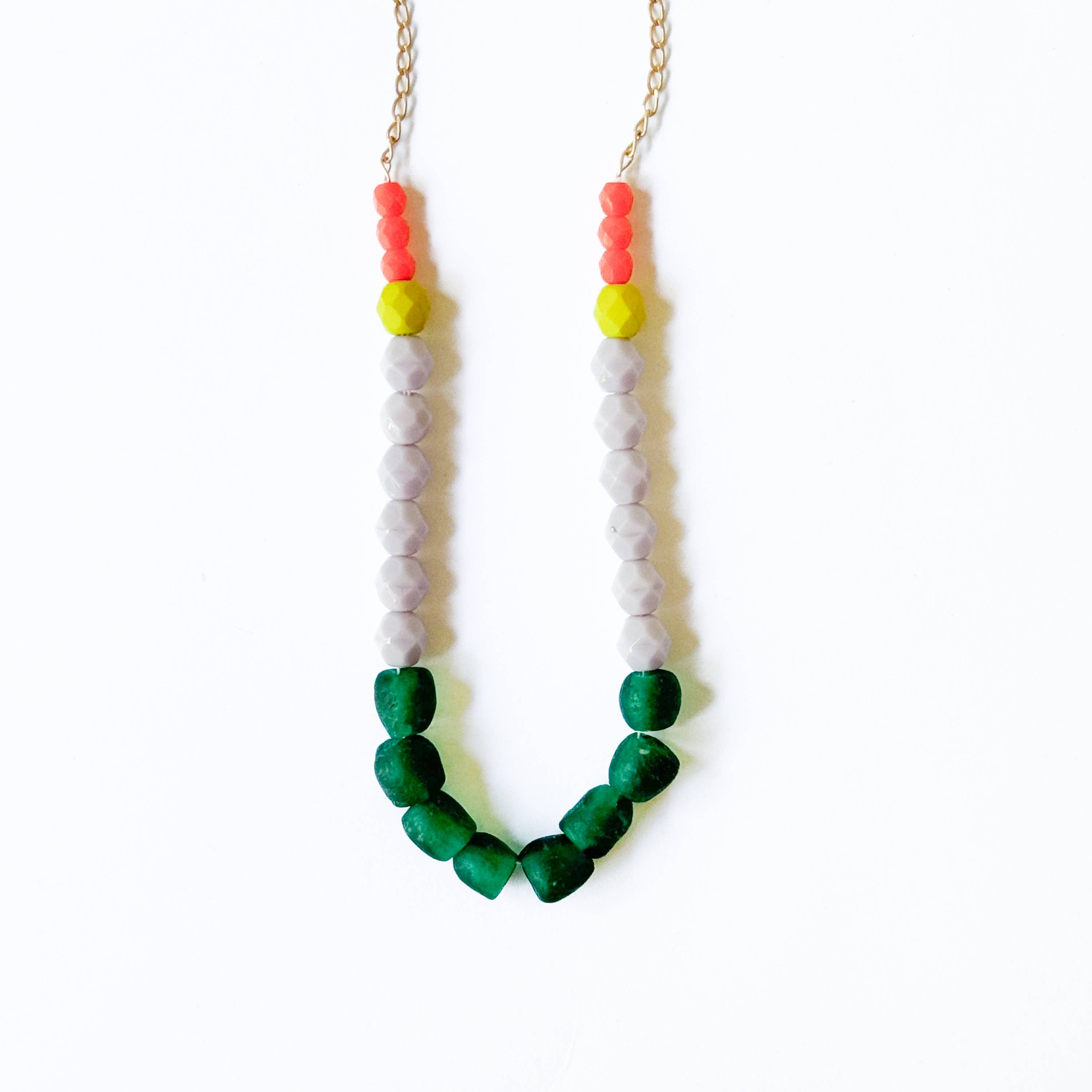 Multicolor Recycled African Glass And Mixed Bead Necklace with green, gray, yellow, and red beads on gold chain