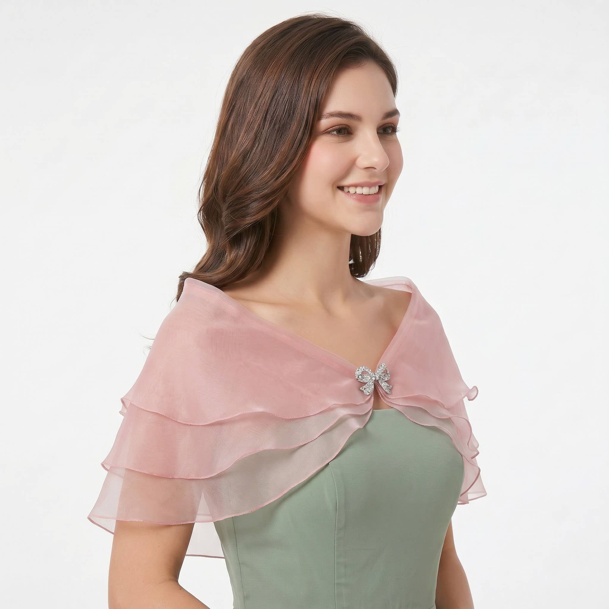 Sheer Organza Shoulder Shawl with Layered Ruffle Trim and Elegant Off-Shoulder Drape 14IN