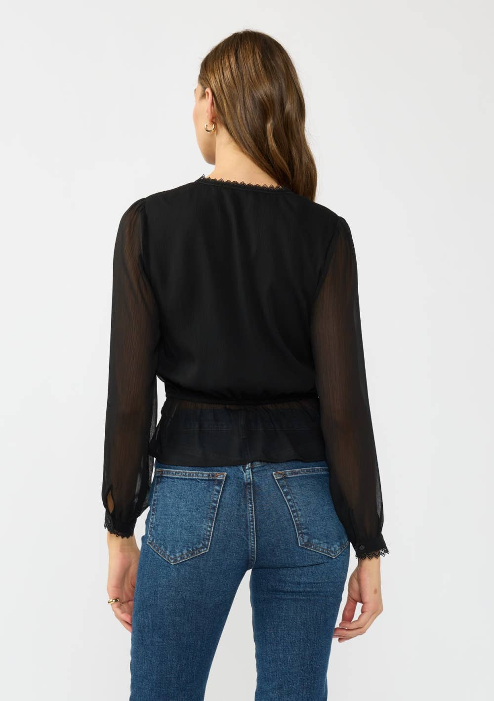 Long Sleeve Button Down Drawcord Blouse with Lace Accent
