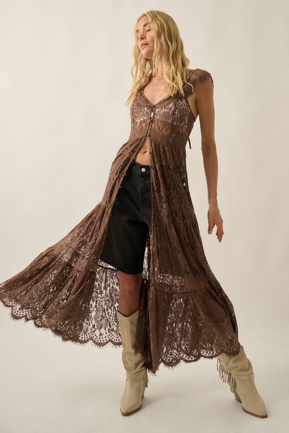 Sheer Floral Lace Button-Front Tiered-Ruffle Maxi Top