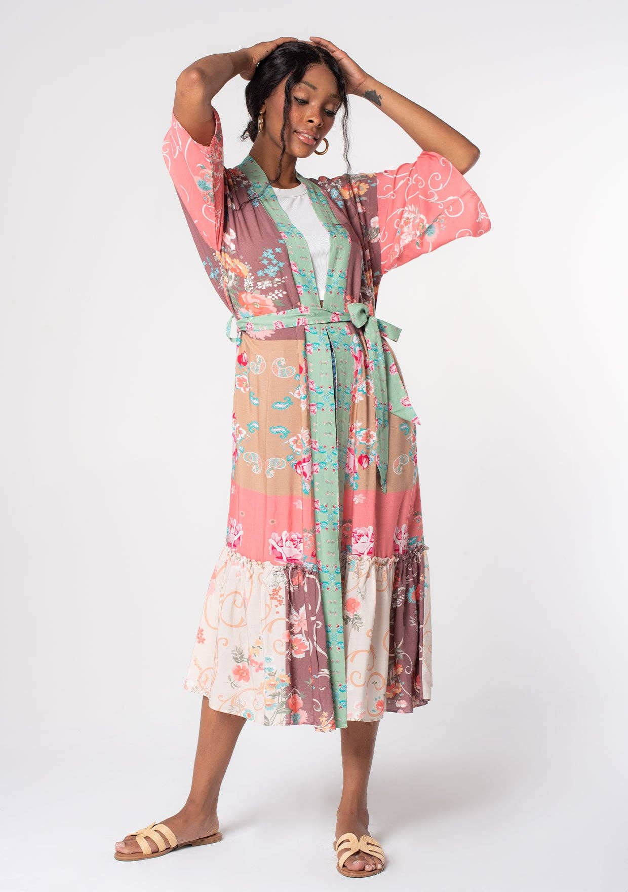 Floral Patchwork Self Tie Maxi Kimono