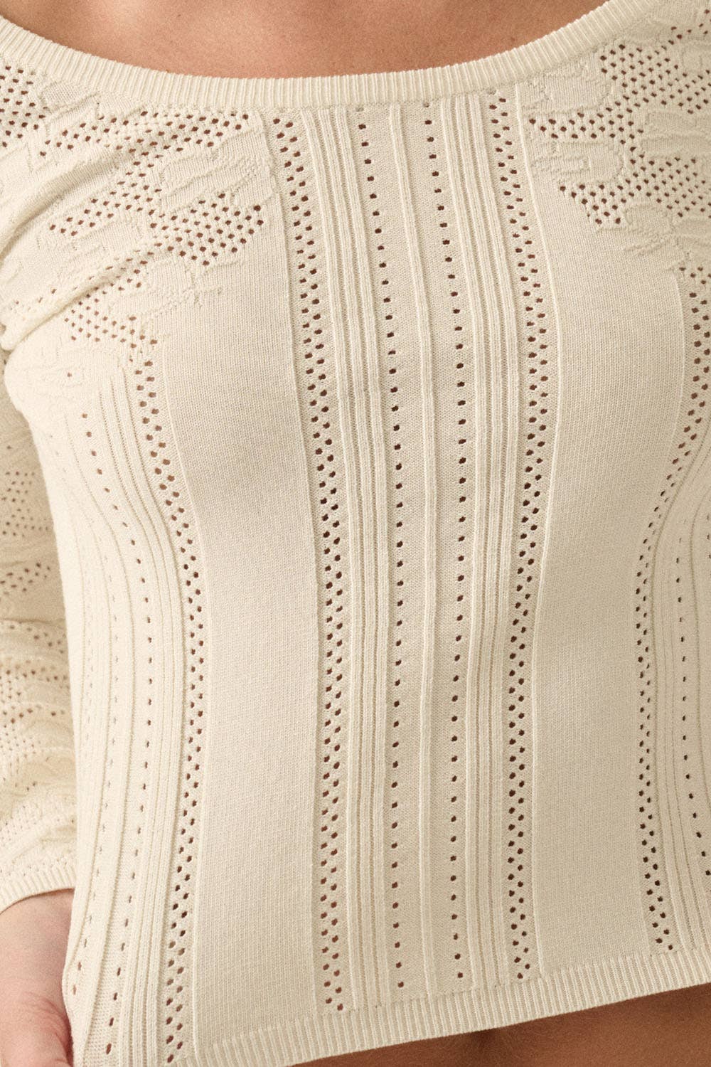 Floral Pointelle and Ribbed Knit Fitted Long-Sleeve Top