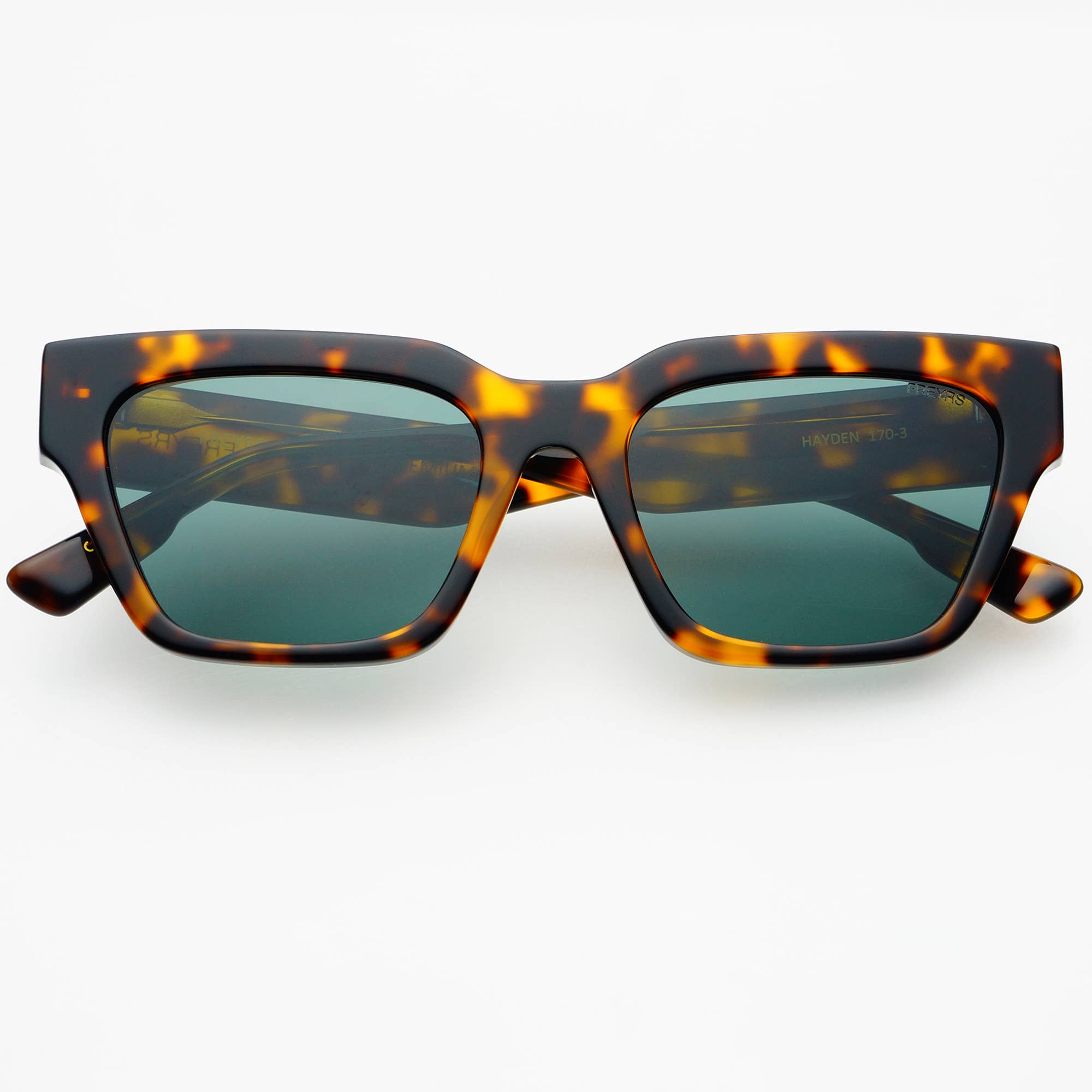 The Hayden Acetate Men’s Rectangular Sunglasses by FREYRS Eyewear feature thick handmade tortoiseshell acetate frames and dark green CR39 lenses for UV protection, shown against a white background.