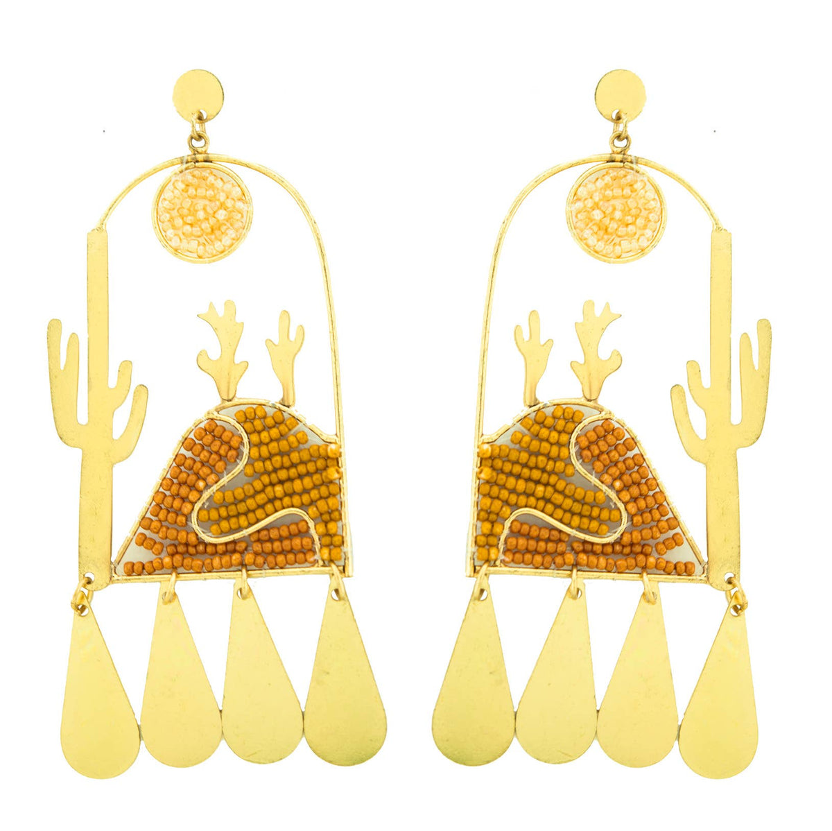 Sonora Sunrise gold cactus earrings with beaded desert scenes and geometric fringe