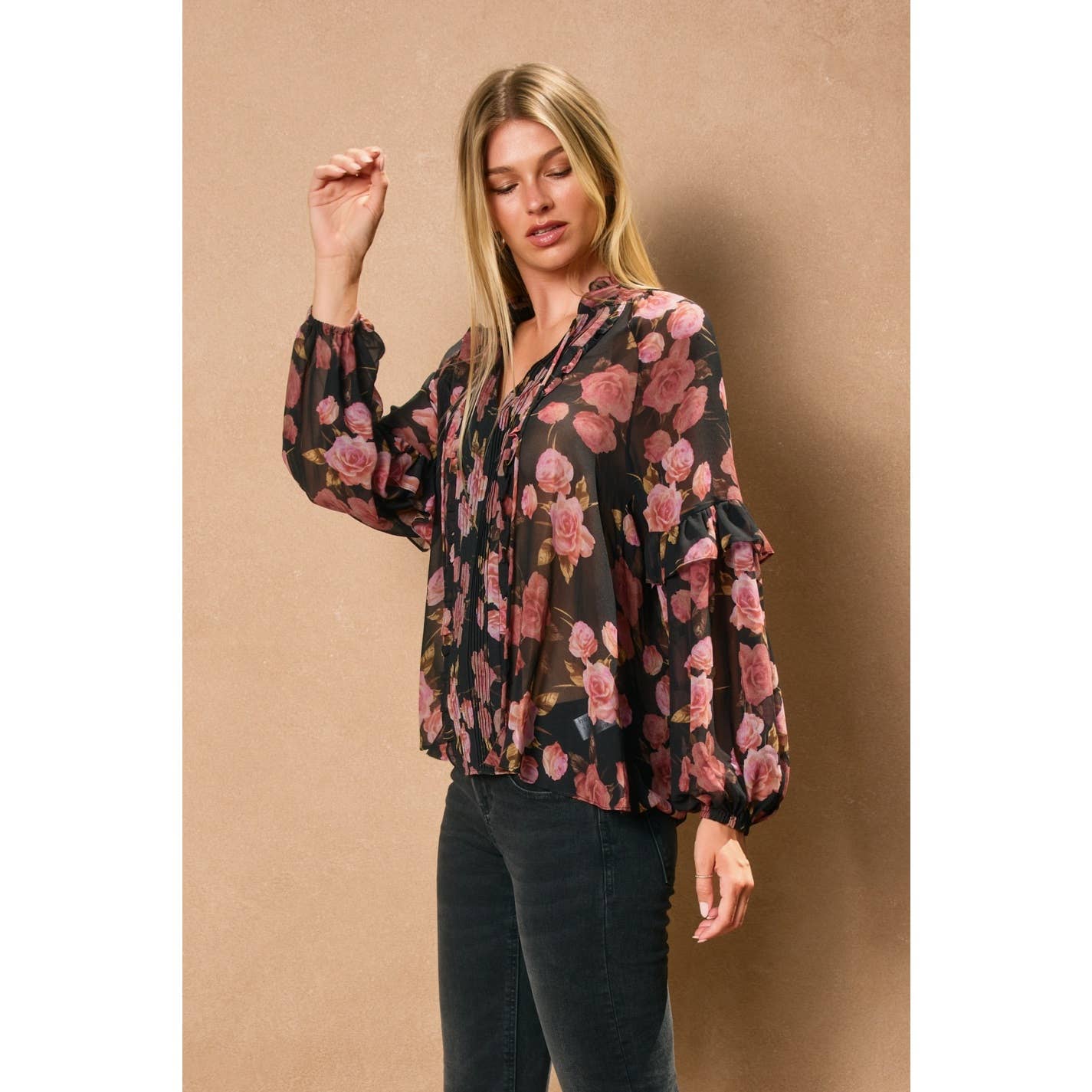 Obsidian Rose Pleated Ruffled Blouse