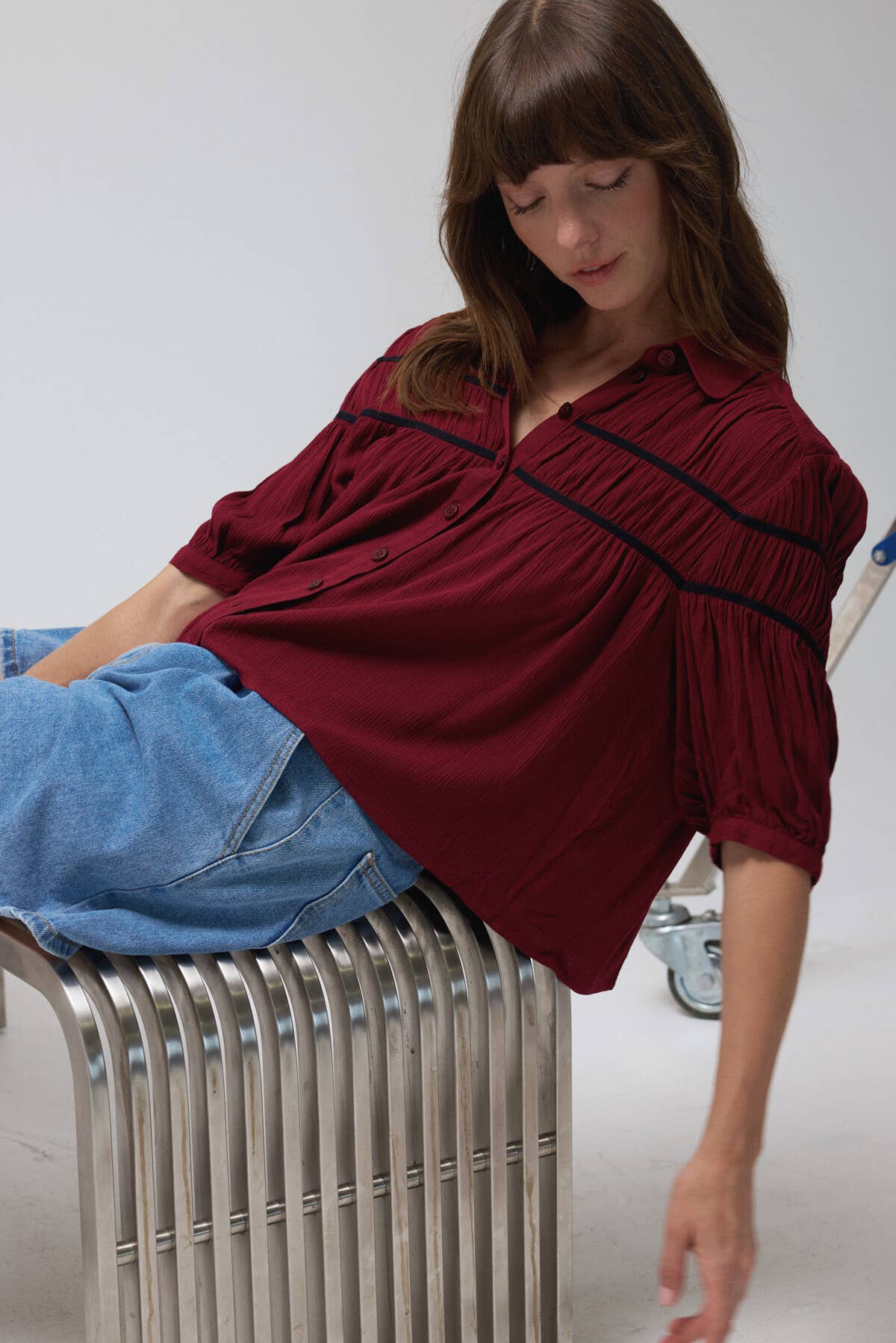 Textured Pleated Button-Down Blouse