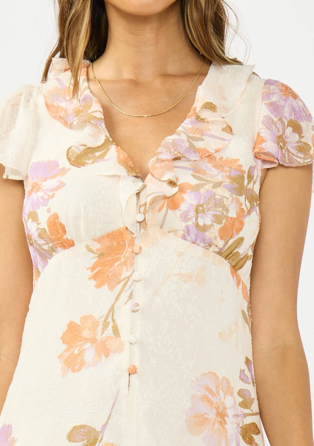 Ruffle V-Neck Button Front Maxi Dress