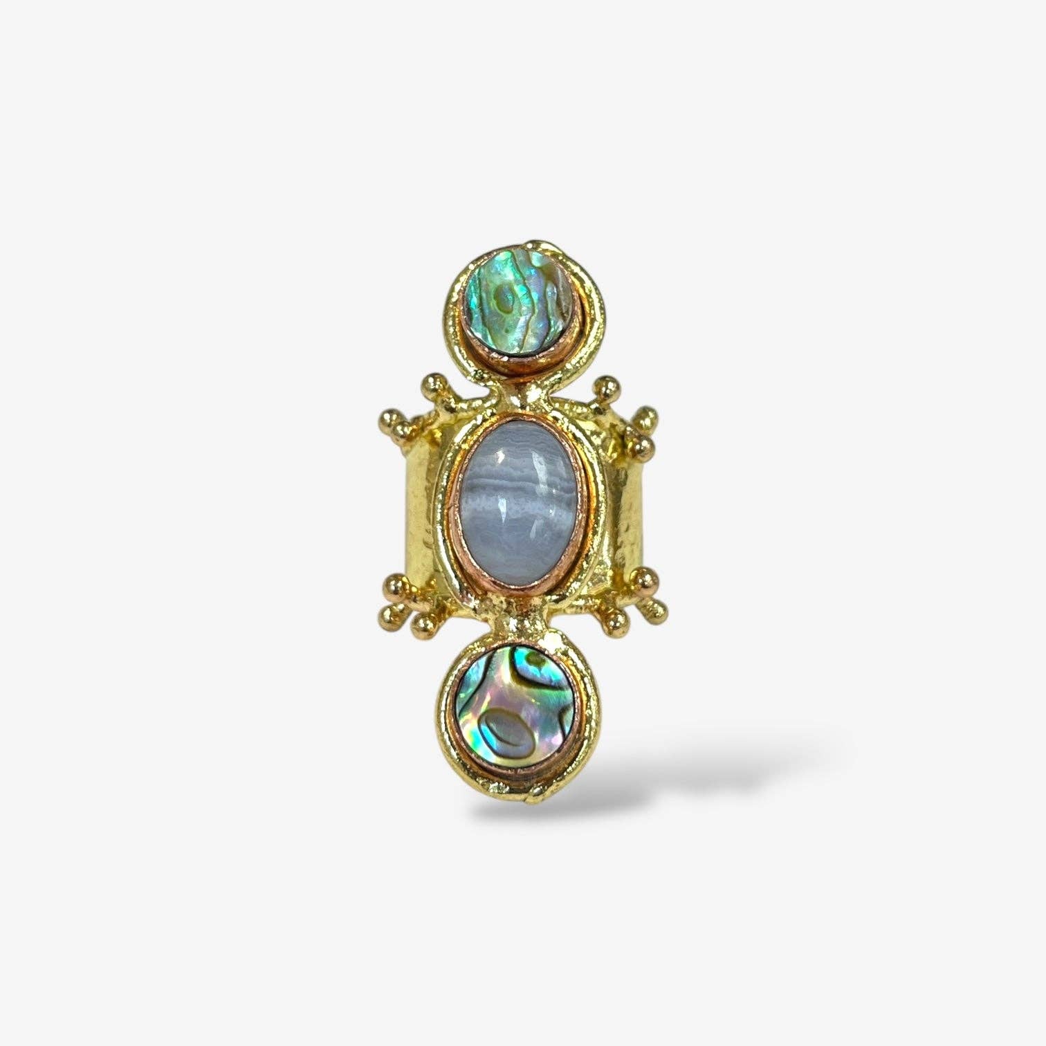 Aurora Luxe Gemstone Ring with vibrant abalone and blue stones set in intricate gold artisan design