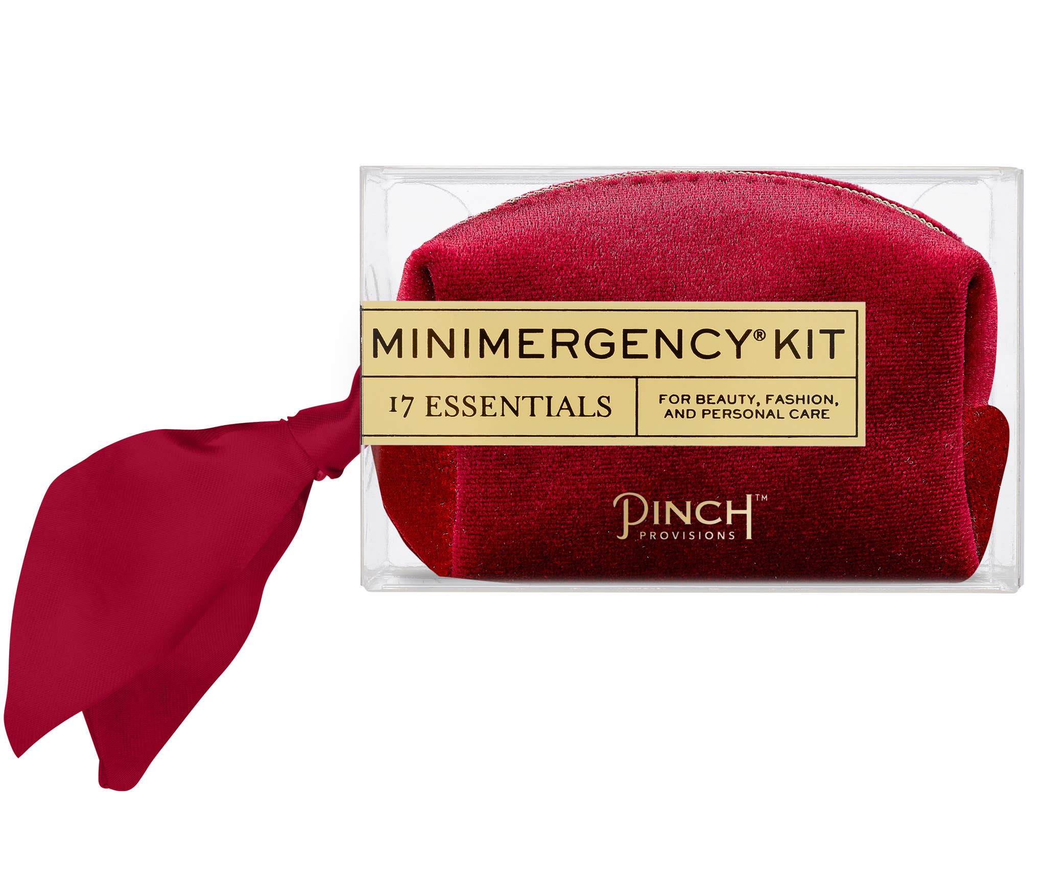 Velvet Scarf Minimergency Kit in red velvet pouch with attached scarf and essentials for beauty and personal care