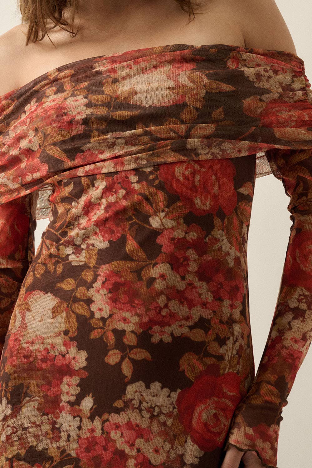 Floral Mesh Off-Shoulder Foldover Long-Sleeve Midi Dress