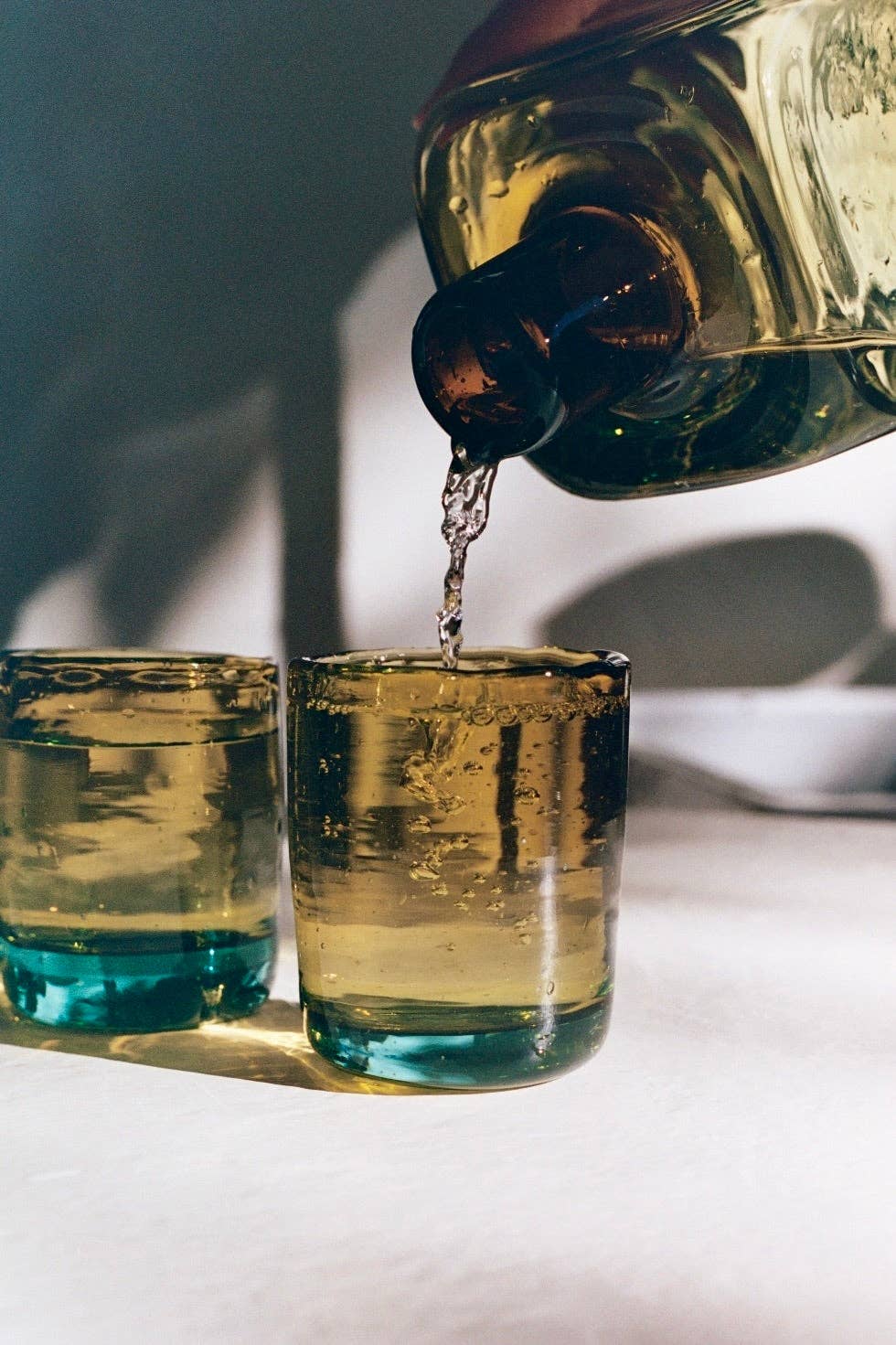 Bedside Carafe Set in Aqua/Amber - Handblown, Recycled Glass