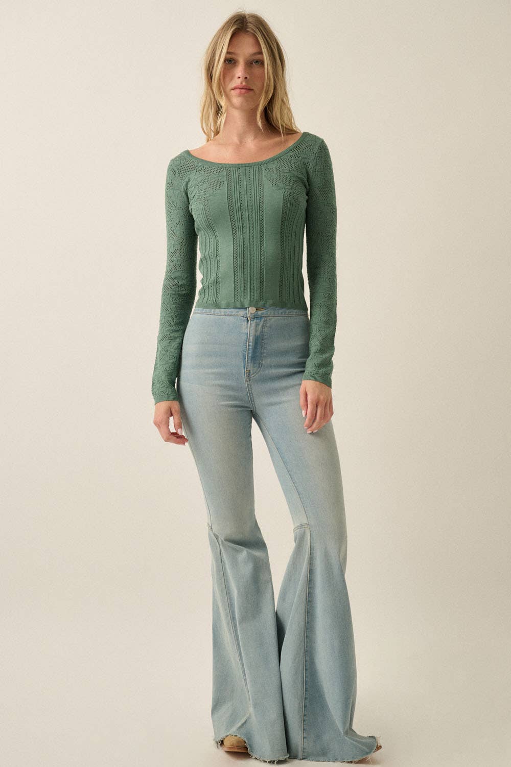 Floral Pointelle and Ribbed Knit Fitted Long-Sleeve Top