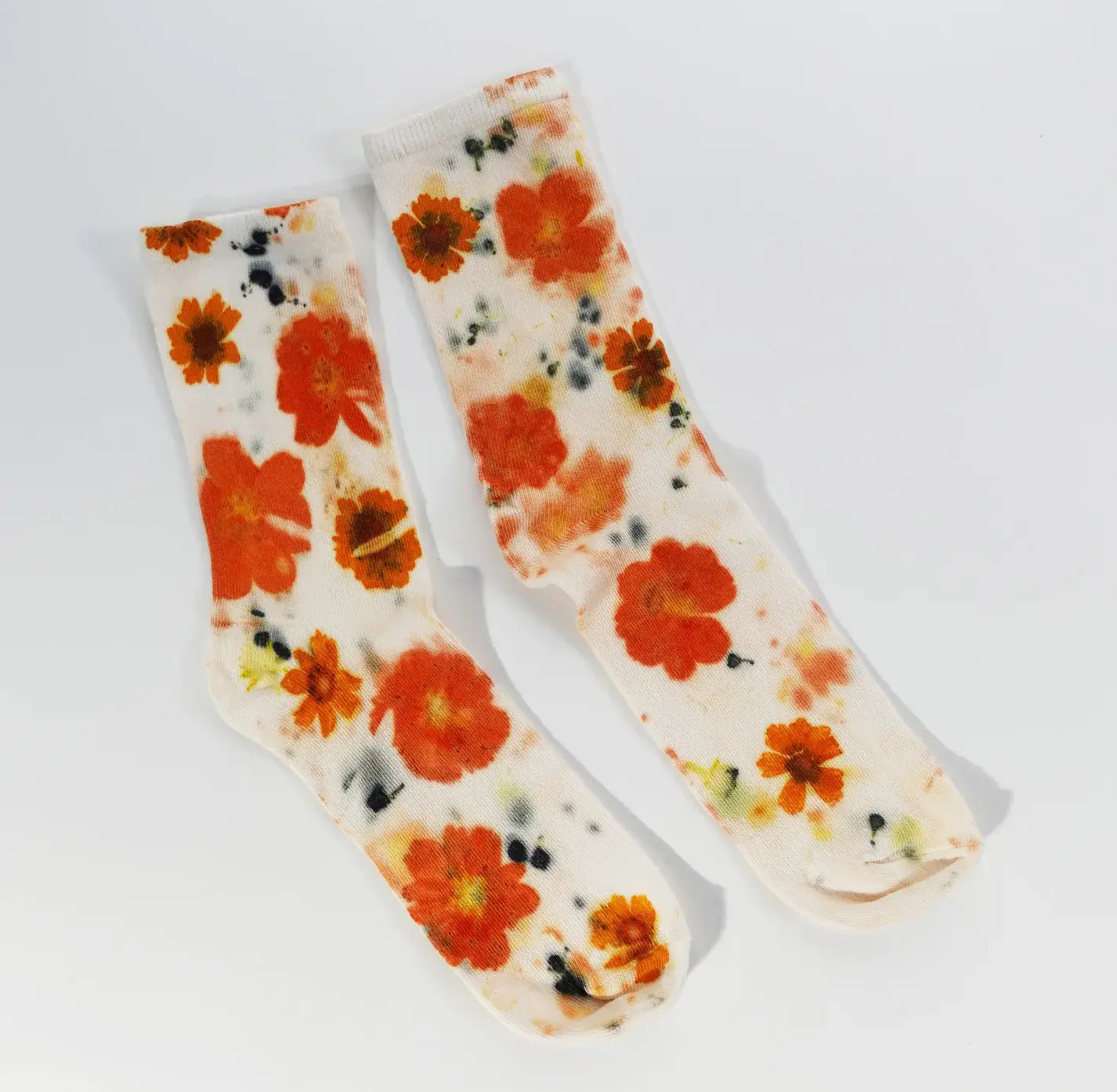Flower Power Cotton Crew Sock with bright orange floral prints on soft white cotton fabric for everyday style