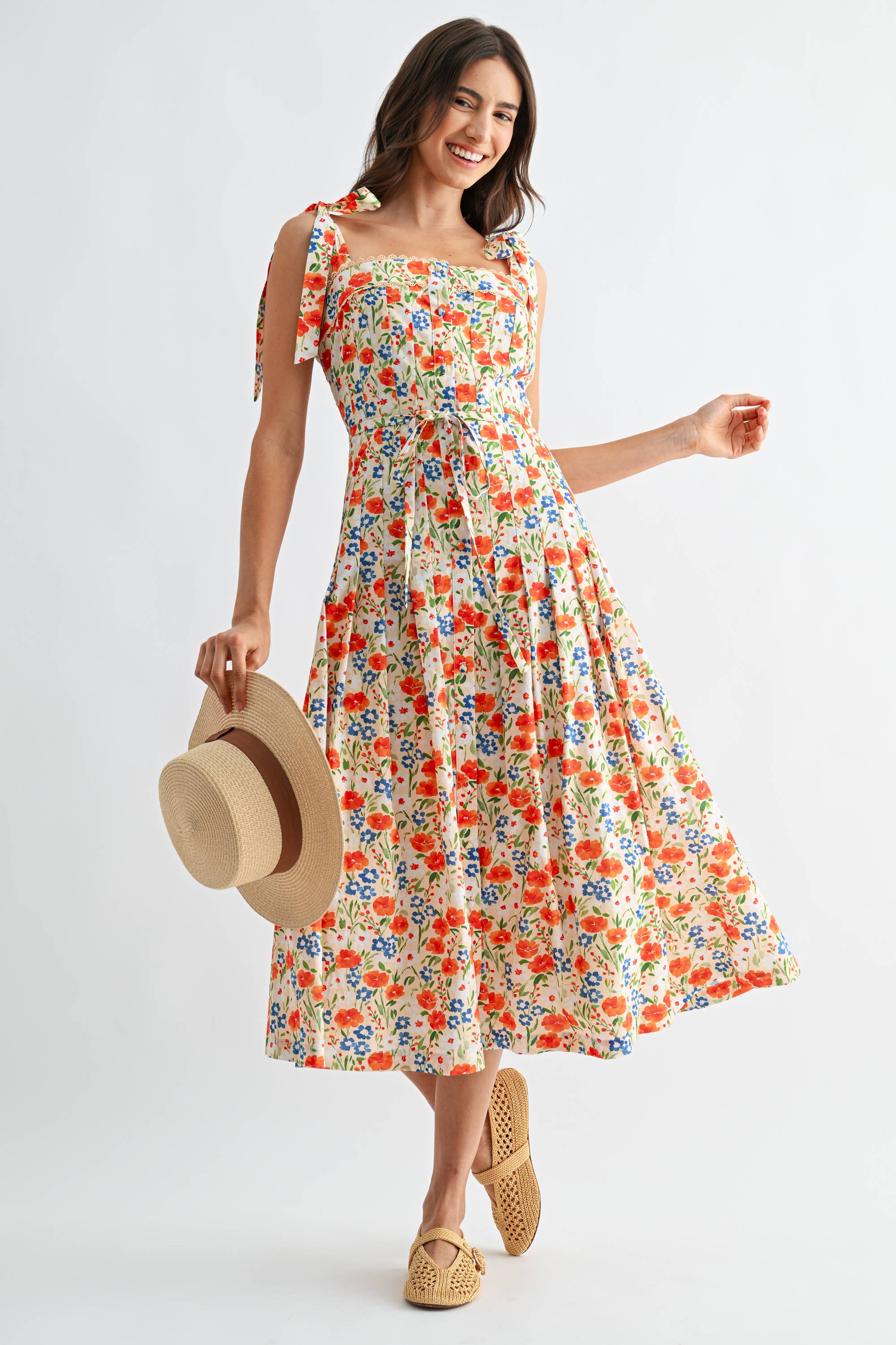 Floral Print Tie-Shoulder Belted Midi Dress