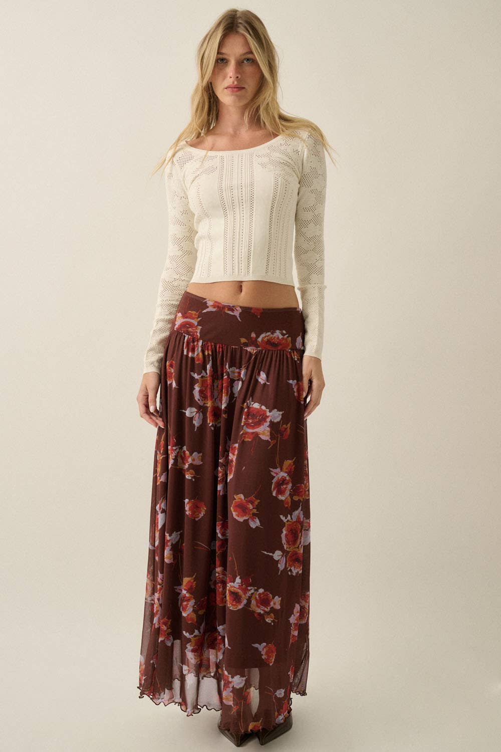 Floral Pointelle and Ribbed Knit Fitted Long-Sleeve Top