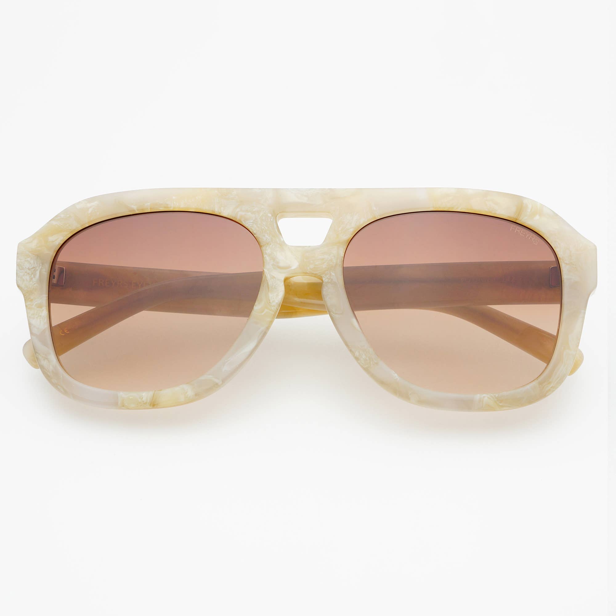 The FREYRS Eyewear Voyager Acetate Oversized Aviator Sunglasses feature glossy marbled beige acetate frames and large brown gradient UV-protected lenses, displayed facing forward on a white background.
