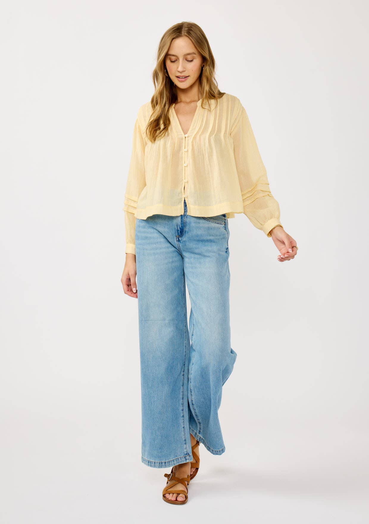 Pintuck Pleated Button-Down Blouse: BLACK / M