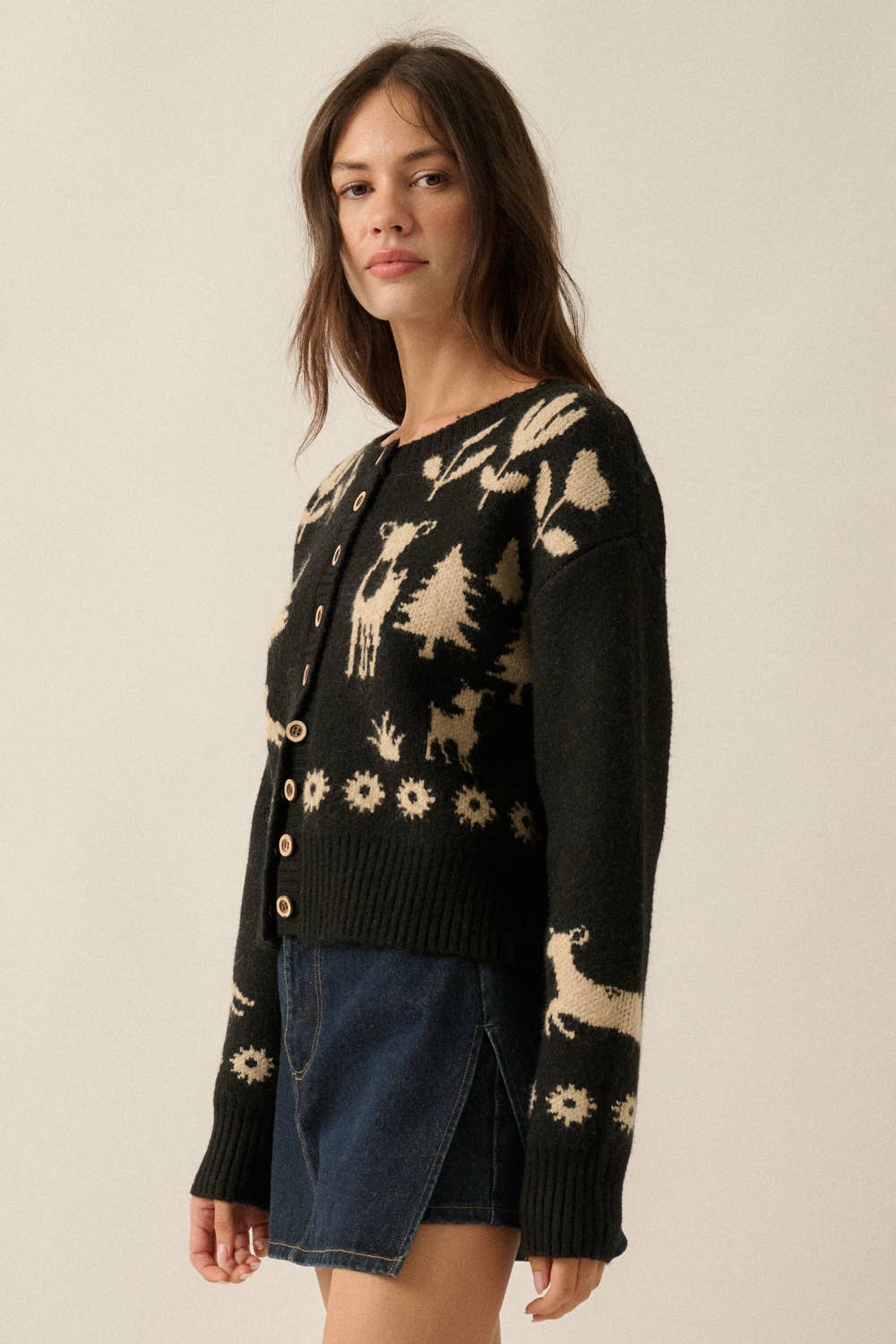 Forest Motif Knit Button-Front Cropped Cardigan Sweater