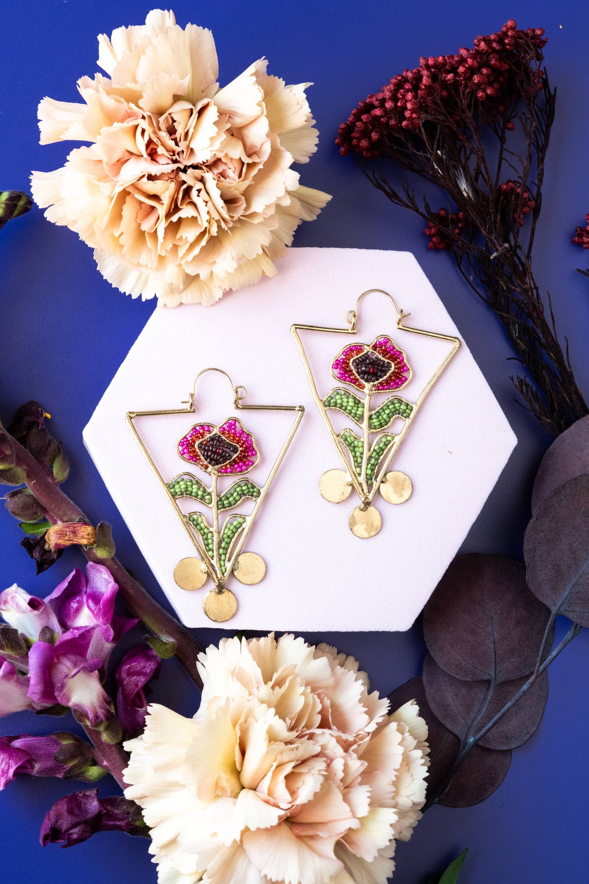 Blooming Reverie Hoops colorful floral earrings with gold geometric frames and dangling accents