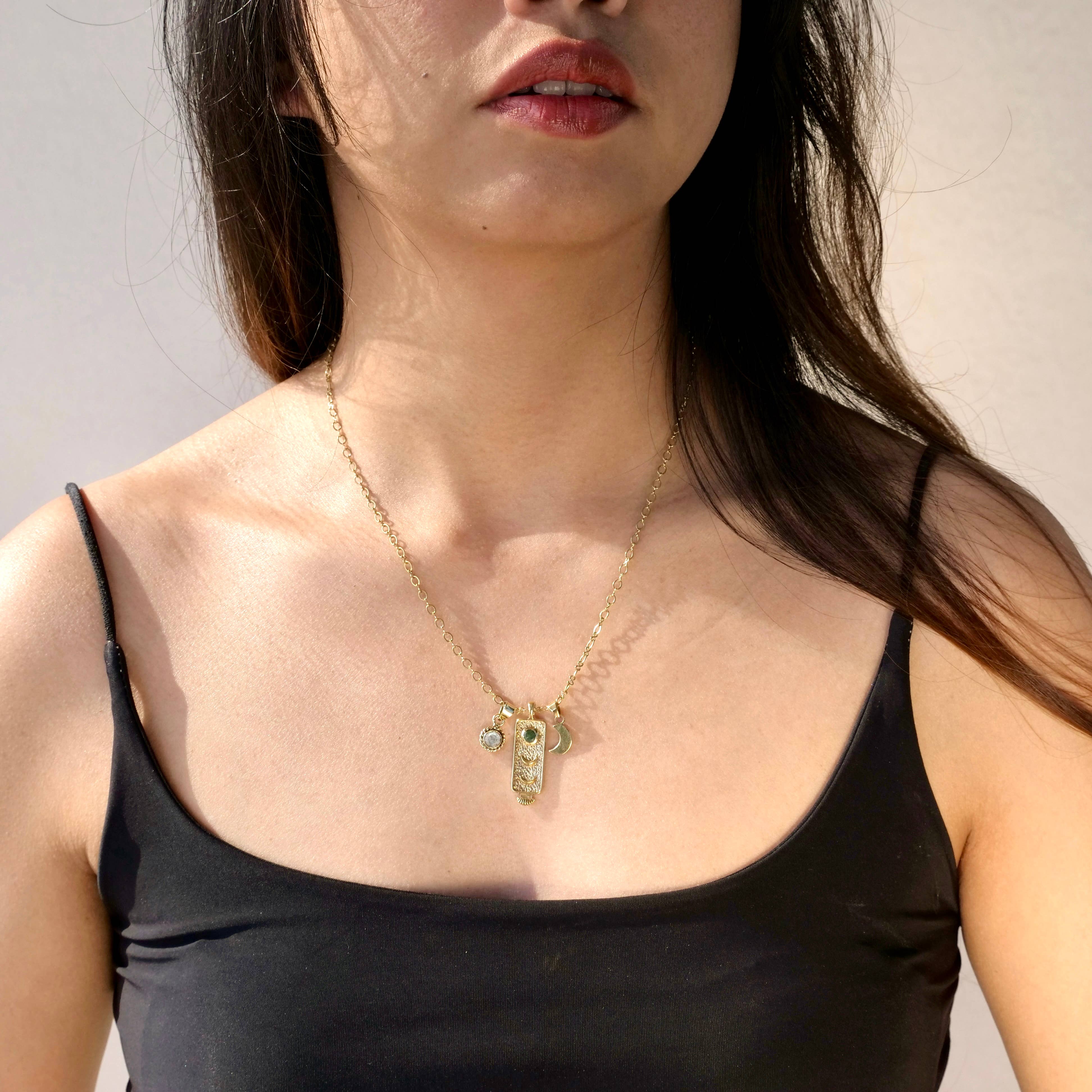 Brass Emerald and Moonstone Charm Necklace