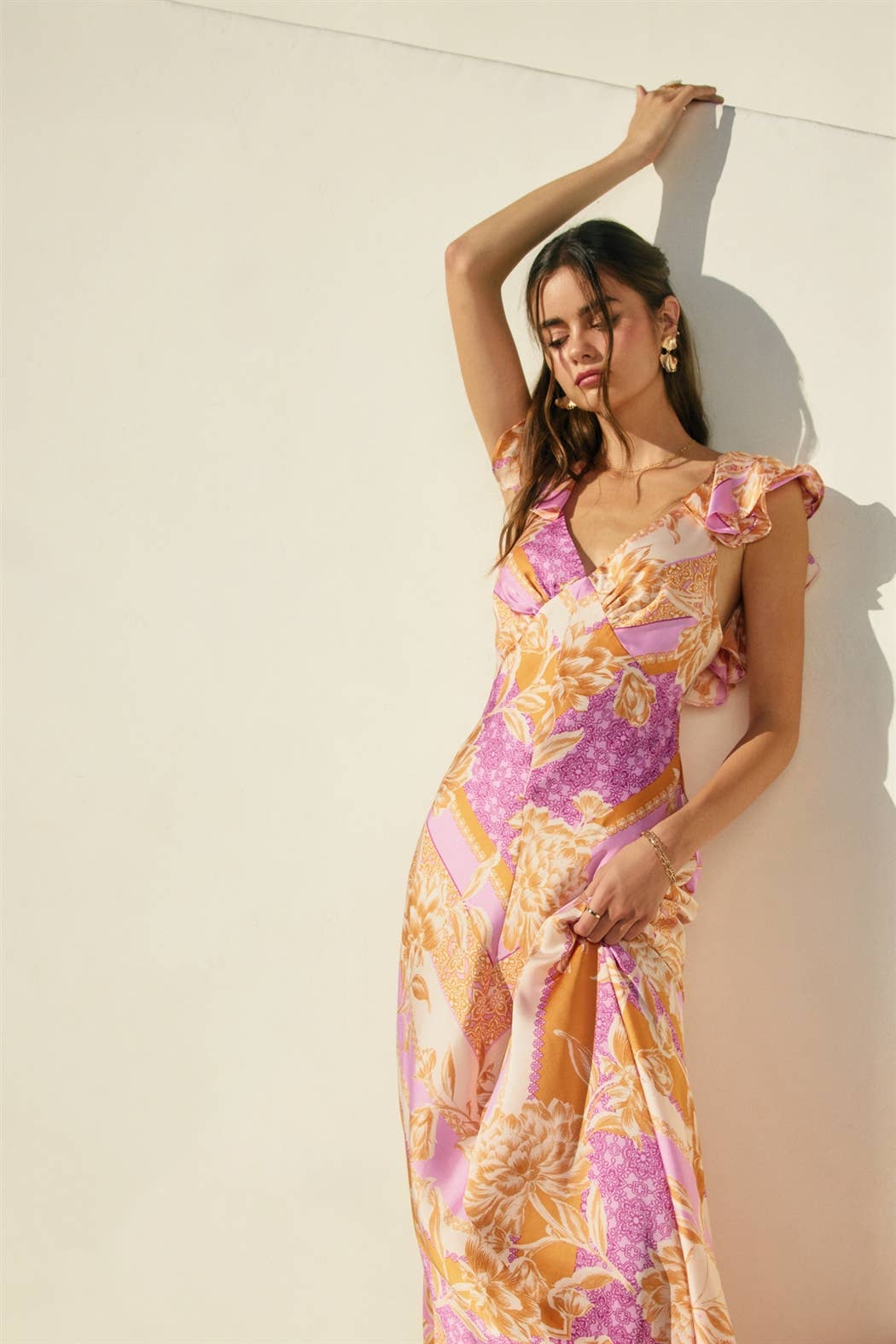 Floral Scarf Flutter Open Back Maxi Dress