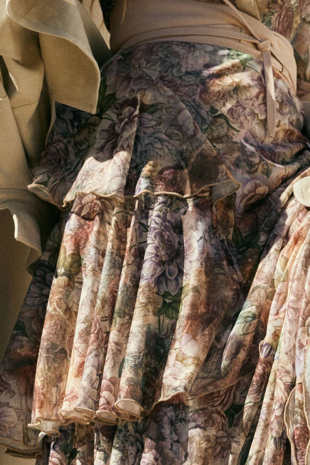 Floral-Print Mesh Tiered Side-Ruffle Maxi Skirt