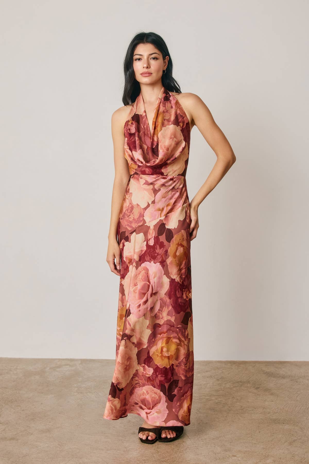 Floral Draped Halter Neck Maxi Dress