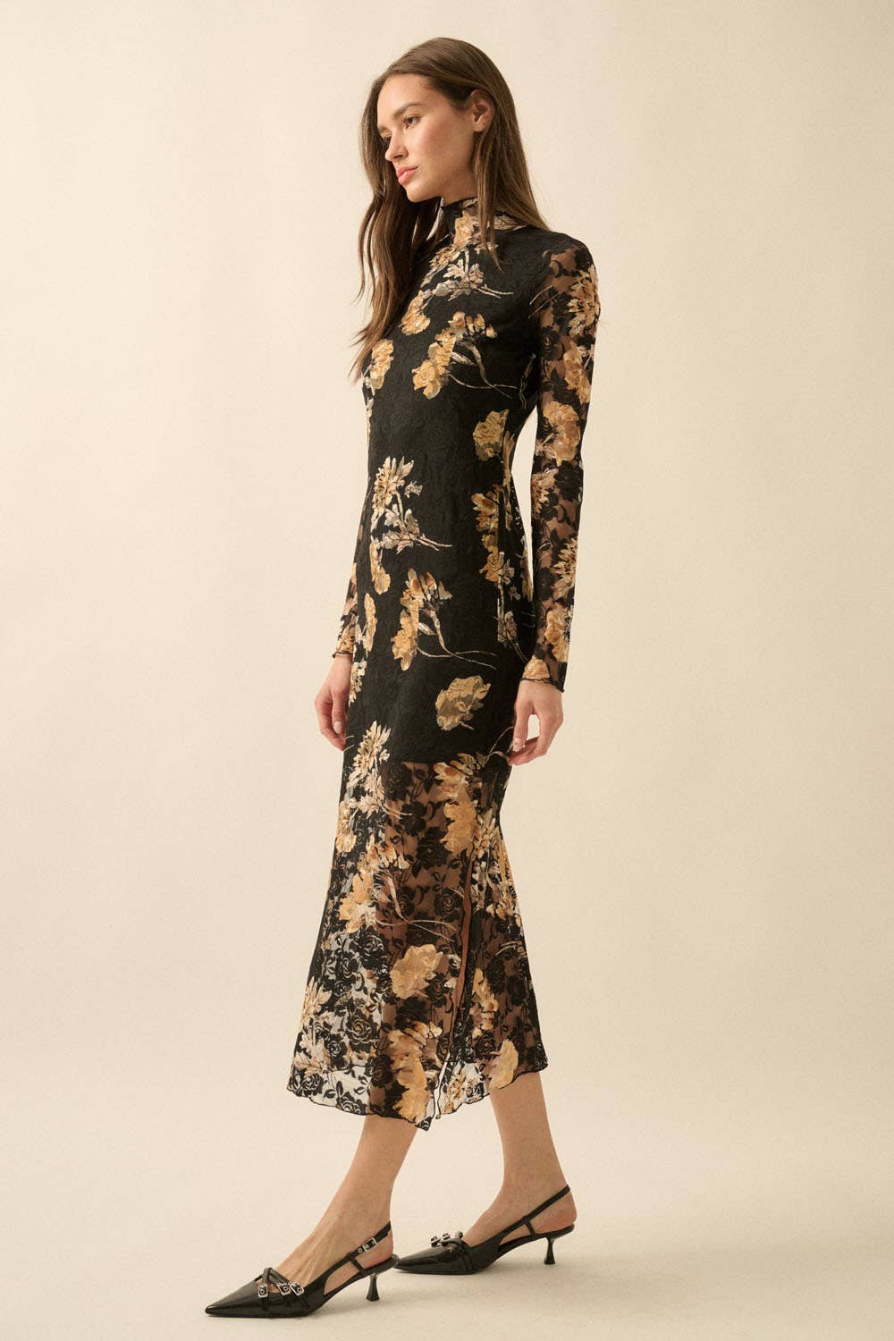 Floral-Print Lace Long-Sleeve Mock-Neck Midi Dress