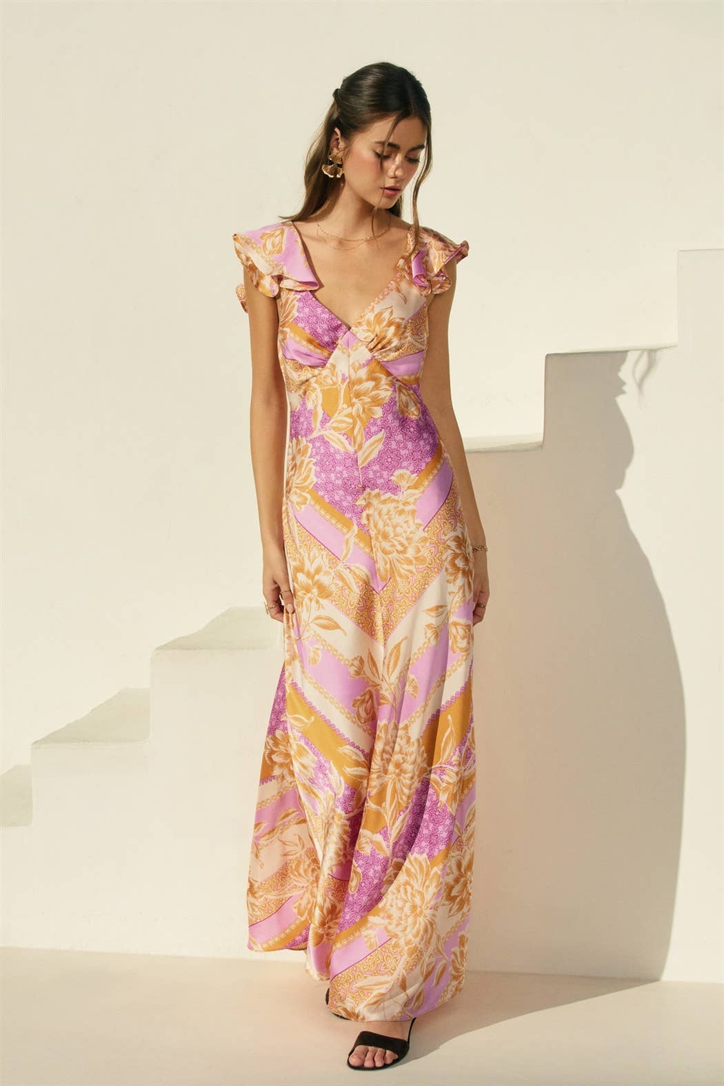 Floral Scarf Flutter Open Back Maxi Dress