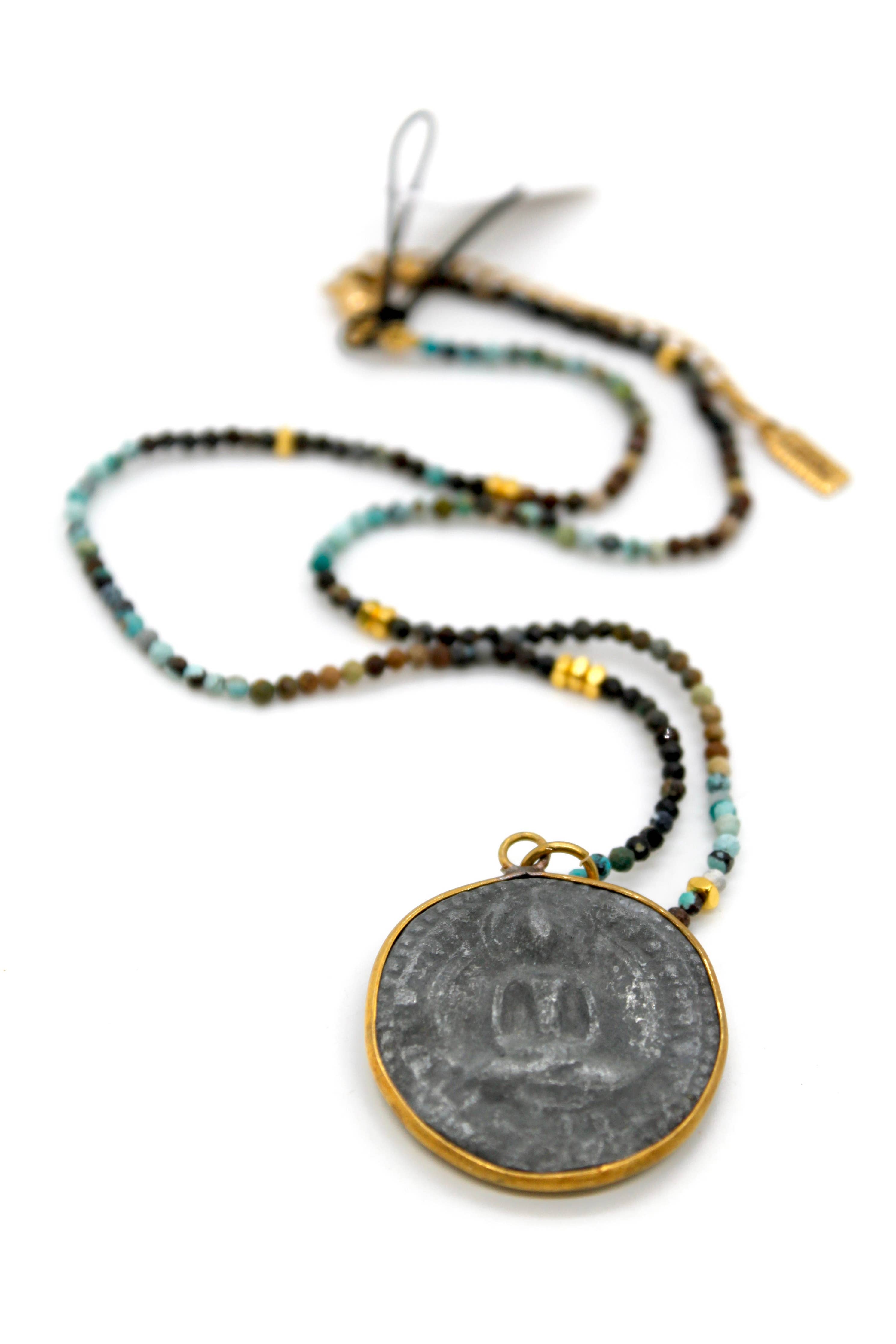 Buddha Necklace 43 - Gradient Turquoise with brass-edged pendant and multicolored beaded artisan design