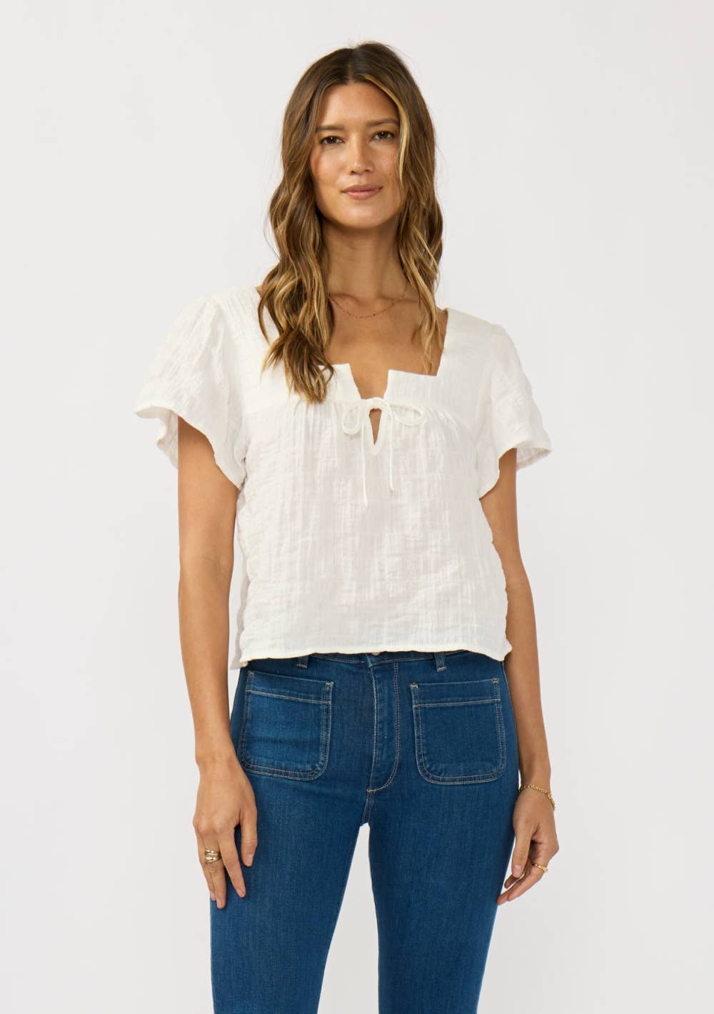 Square Neck Puff Sleeve Gauze Top