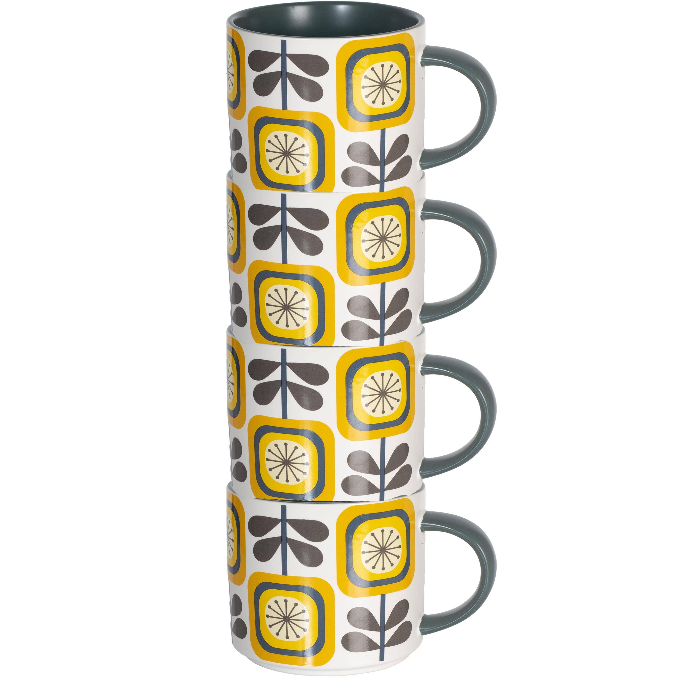Sunflower Fall Mid Century Modern Stackable Matte Coffee Mug set with retro floral pattern and gray handles stacked vertically