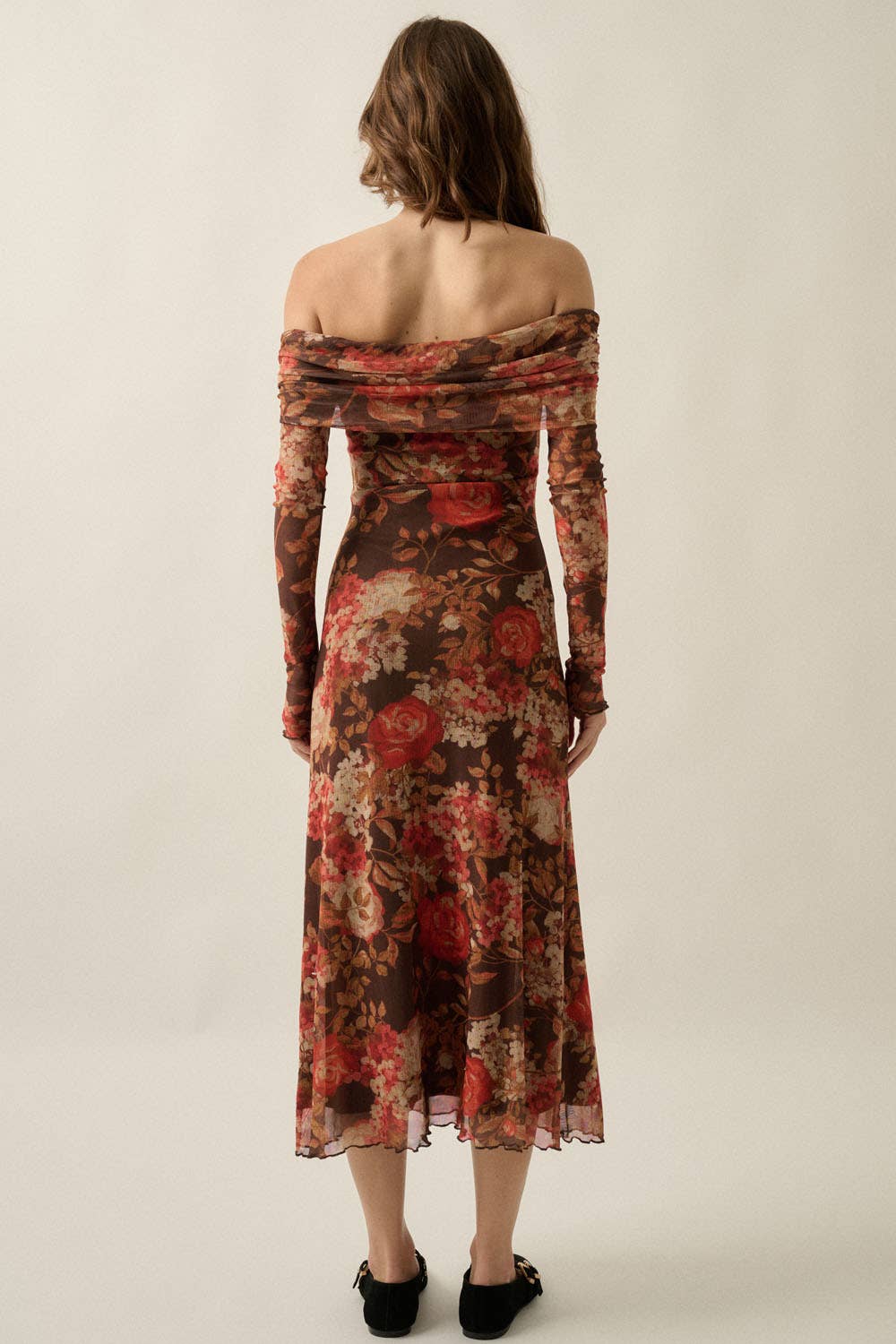 Floral Mesh Off-Shoulder Foldover Long-Sleeve Midi Dress