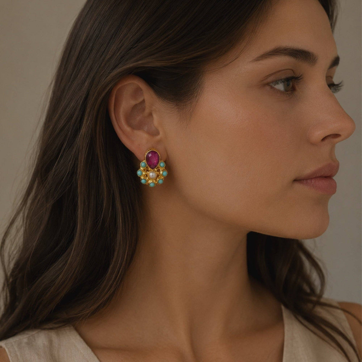 Soraya Multi-Color Studs colorful beaded earrings worn by a woman