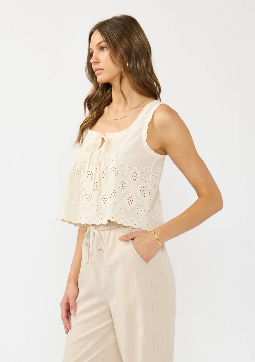 Square Neck Pintuck Eyelet Trim Crop Tank