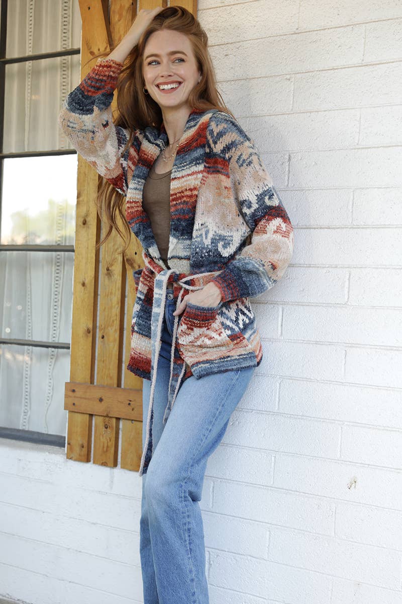 ANGIE Wide Collar Sweater Jacket with Waist Tie
