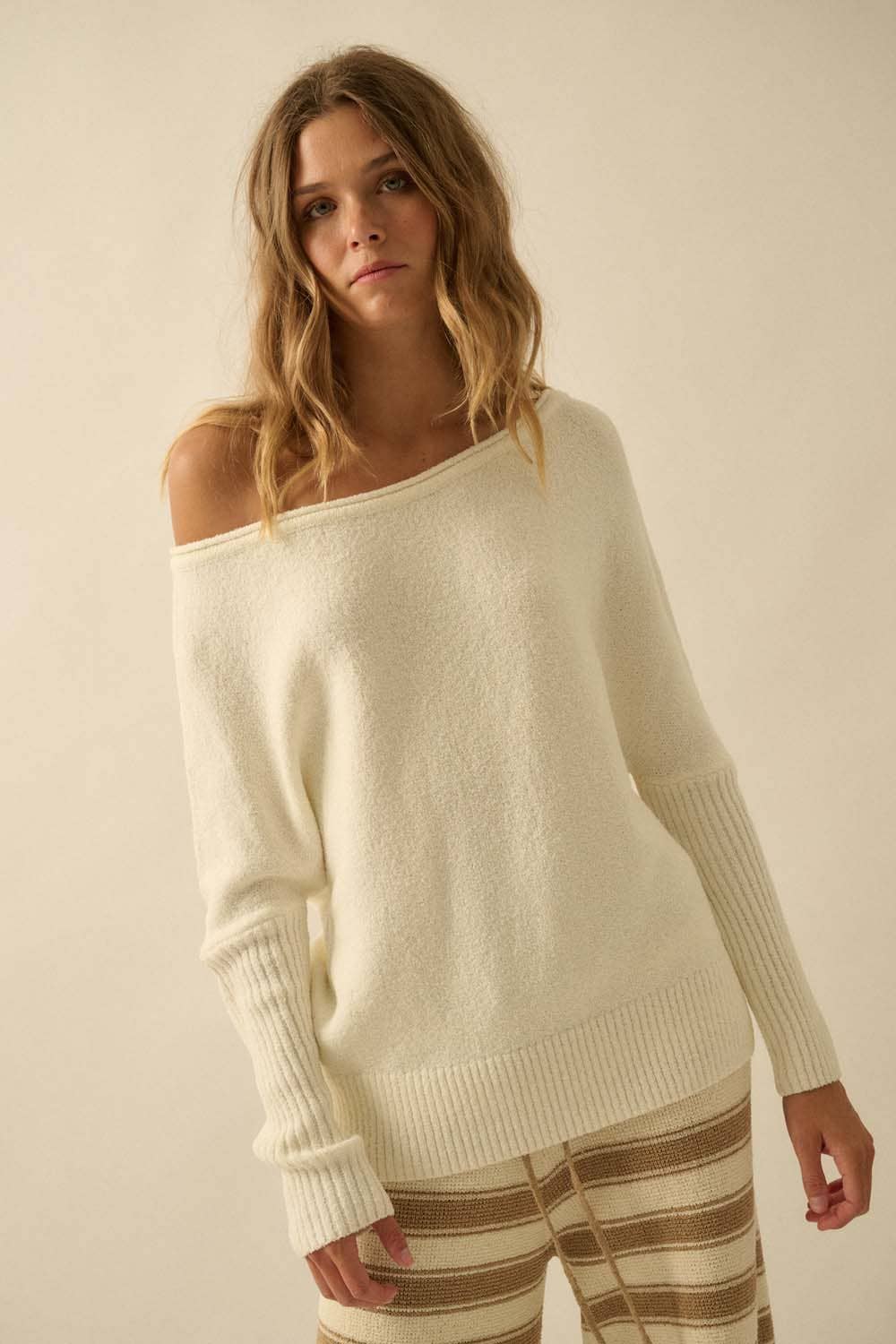 Textured Knit One-Shoulder Boatneck Dolman Sweater